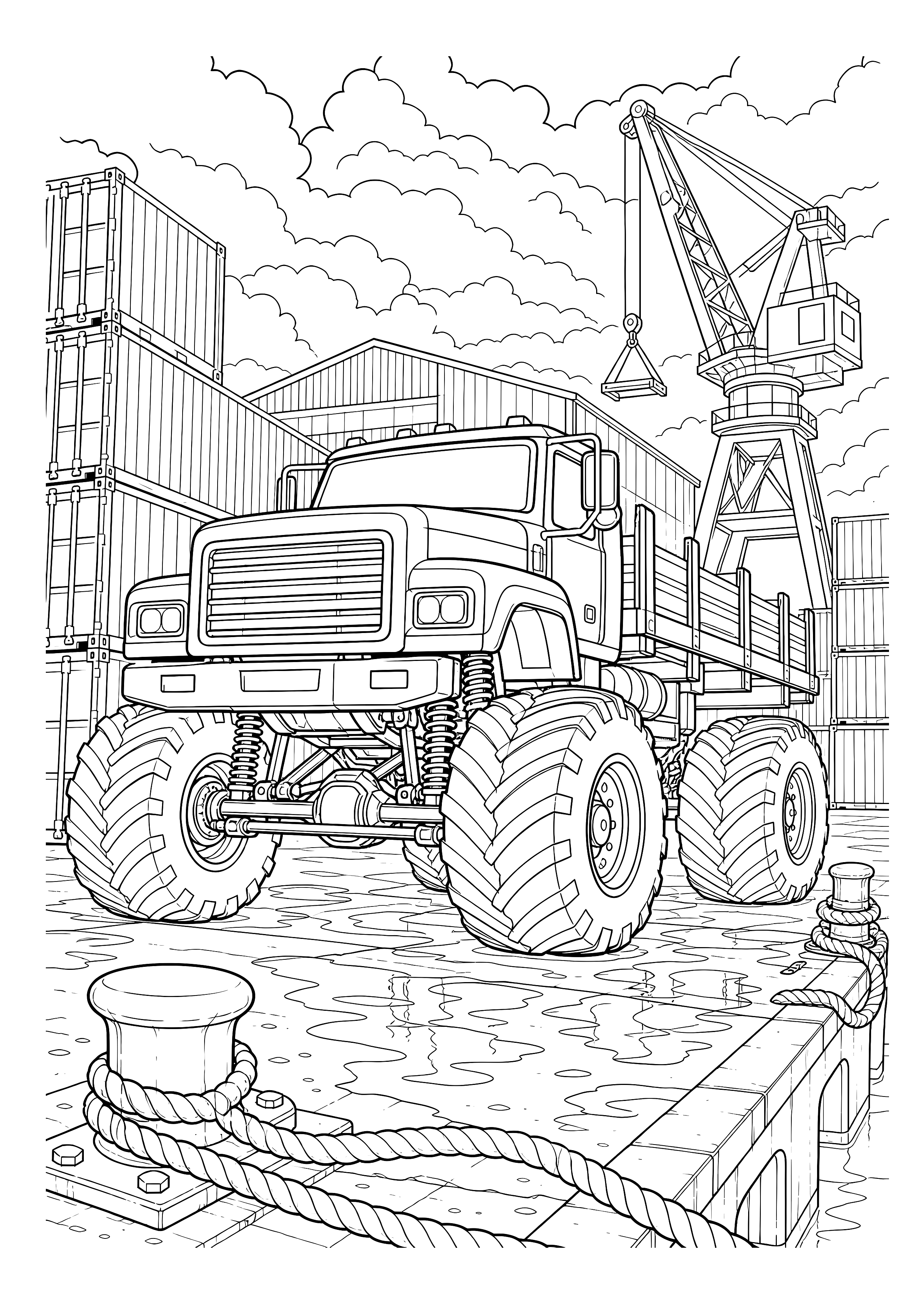 Monstertruck im stürmischen Hafen — Ein schwerer Monstertruck fährt bei Regen zwischen Containern, Kran und Hafenpollern.