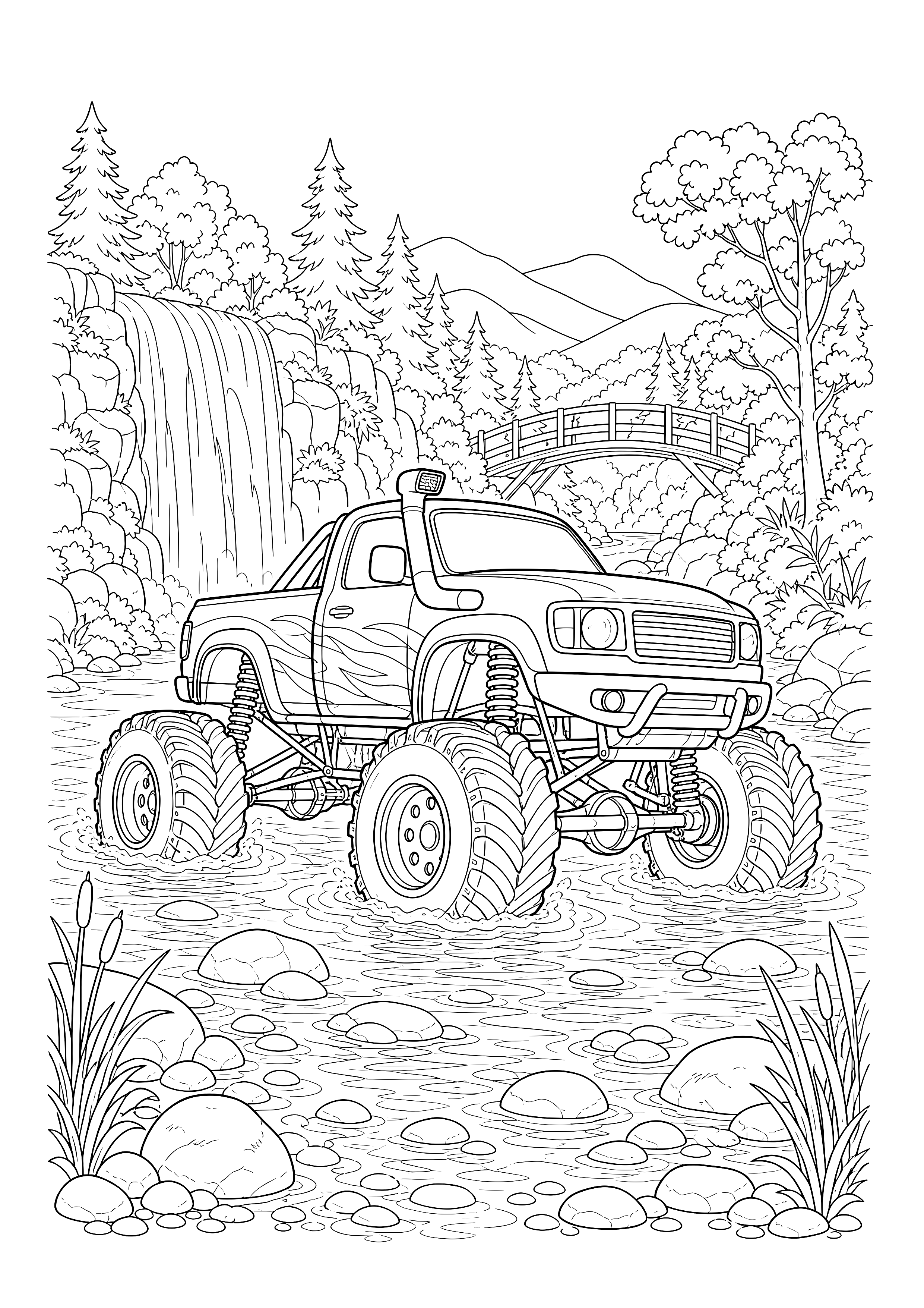Monstertruck am Waldwasserfall — Ein Gelände-Monstertruck durchquert einen Fluss zwischen Herbstwald, Brücke und Wasserfall.