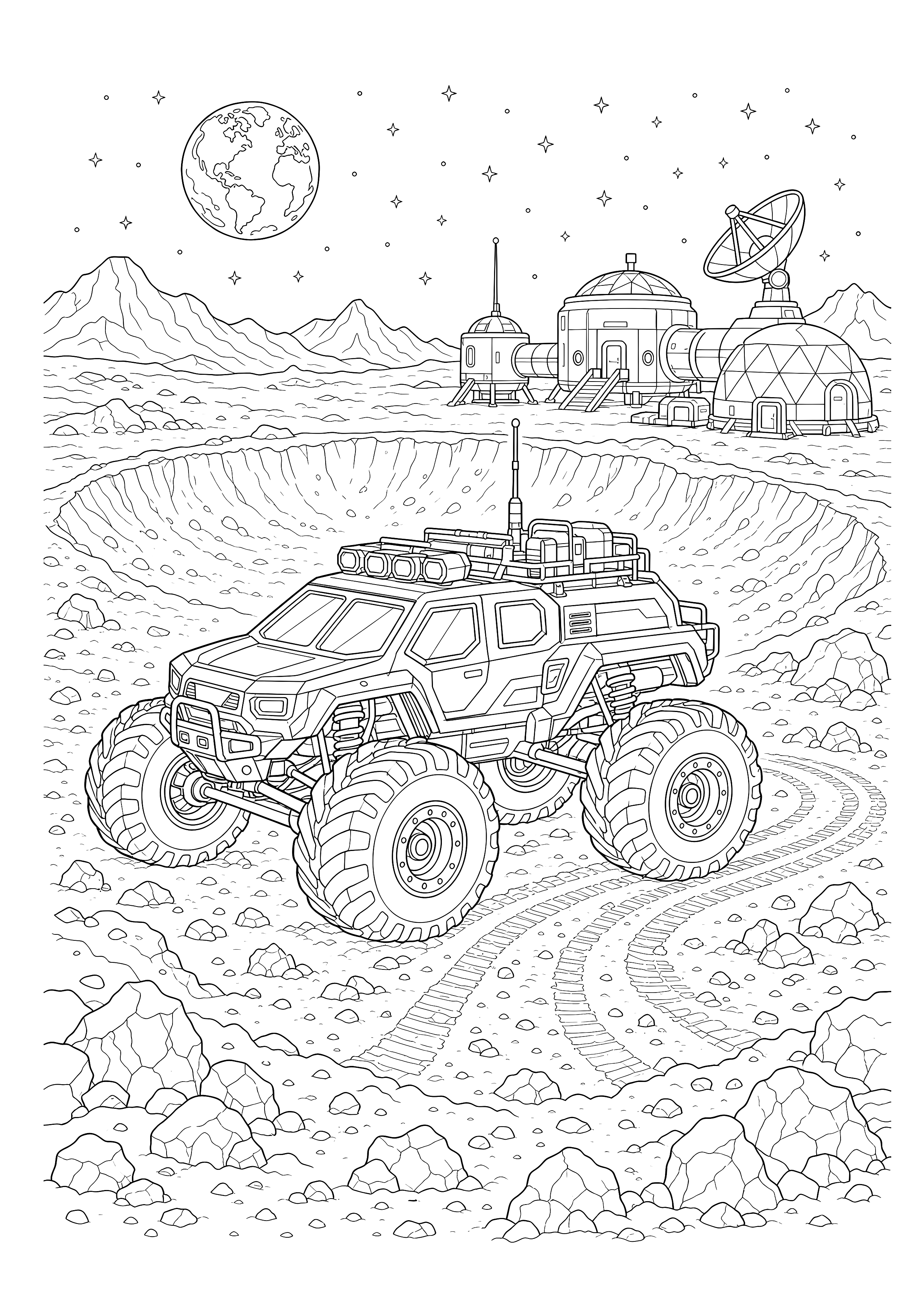 Monstertruck an der Mondbasis — Ein Mond-Monstertruck erkundet einen Krater vor Forschungsstation, Funkantenne und Bergen.