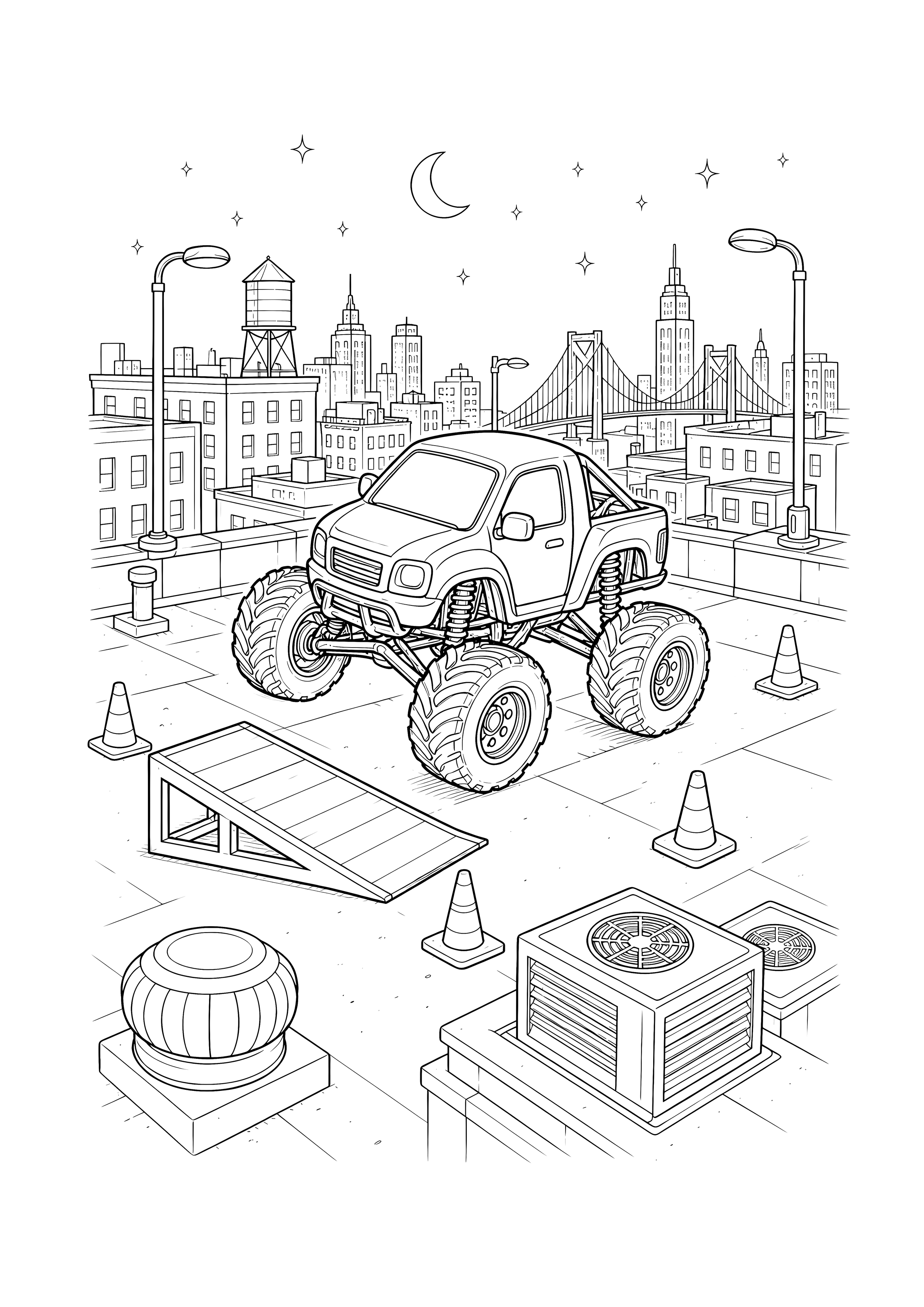 Monstertruck über den Dächern der Stadt — Ein Stunt-Monstertruck fährt nachts durch einen Hindernisparcours auf einem Stadtdach.