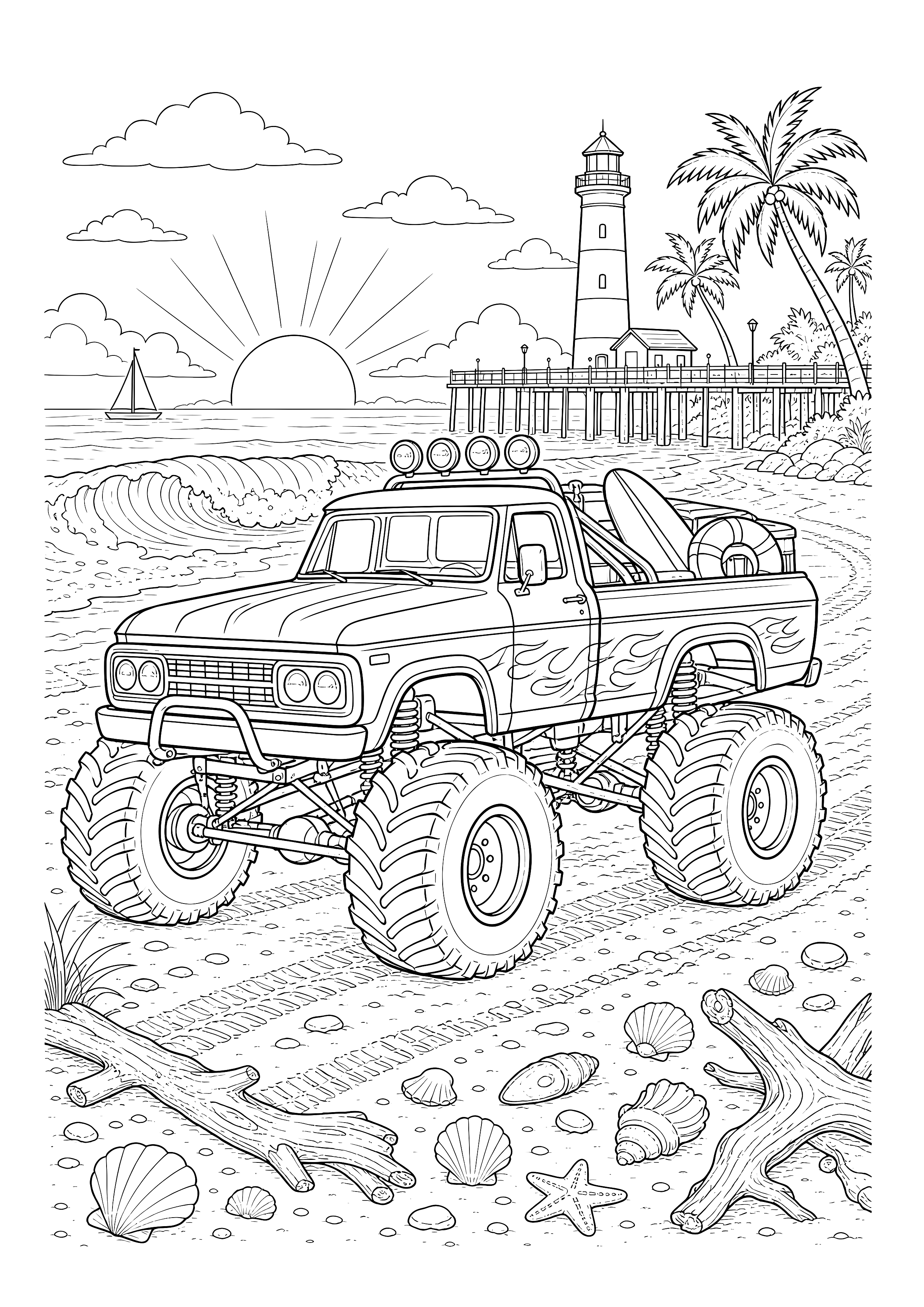 Monstertruck am tropischen Strand — Ein Strand-Monstertruck fährt bei Sonnenaufgang an Wellen, Pier, Leuchtturm und Palmen vorbei.