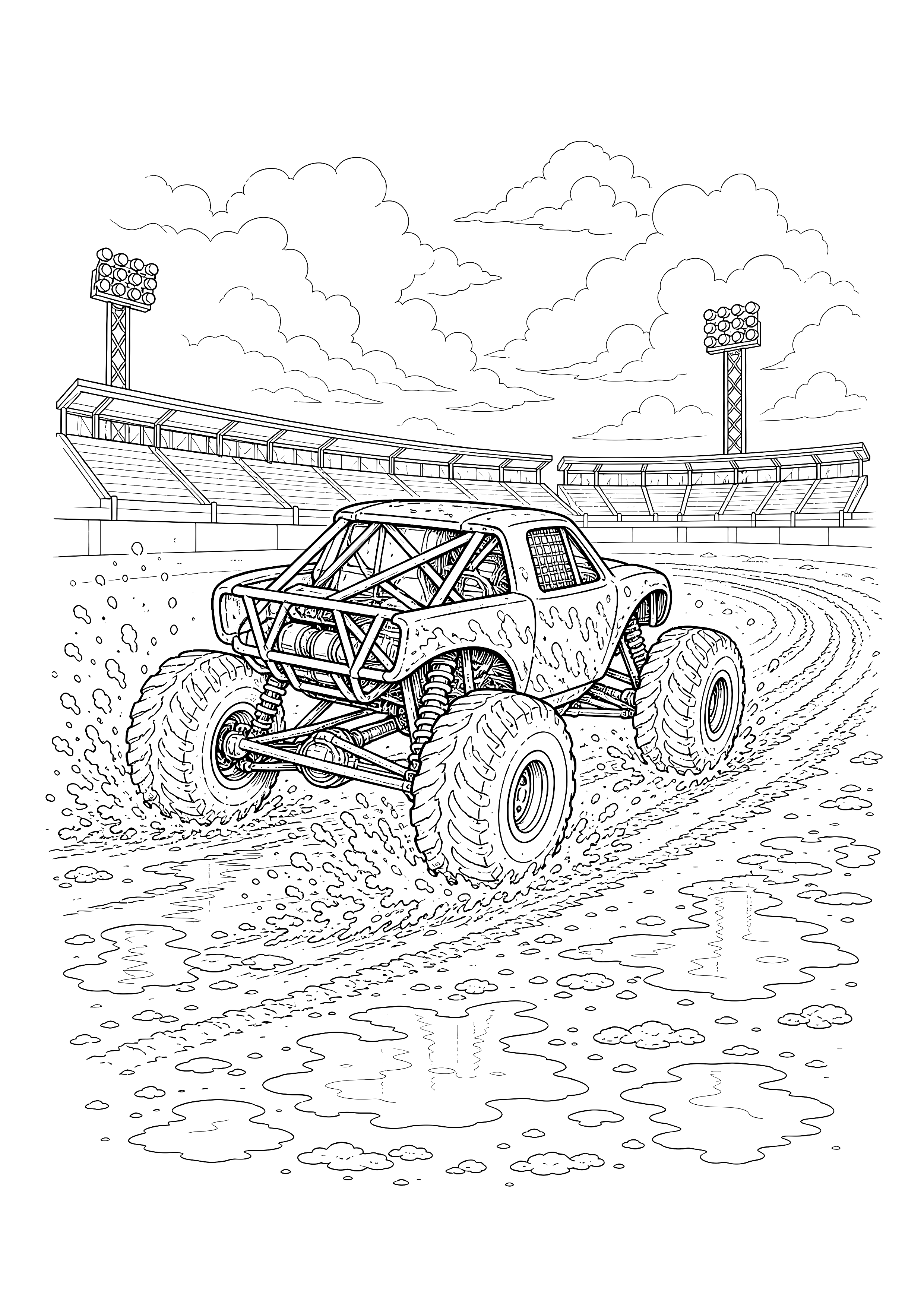 Monstertruck-Rennen im Schlamm — Ein Buggy-Monstertruck zieht nach dem Regen eine breite Spur durch die Schlamm-Arena.