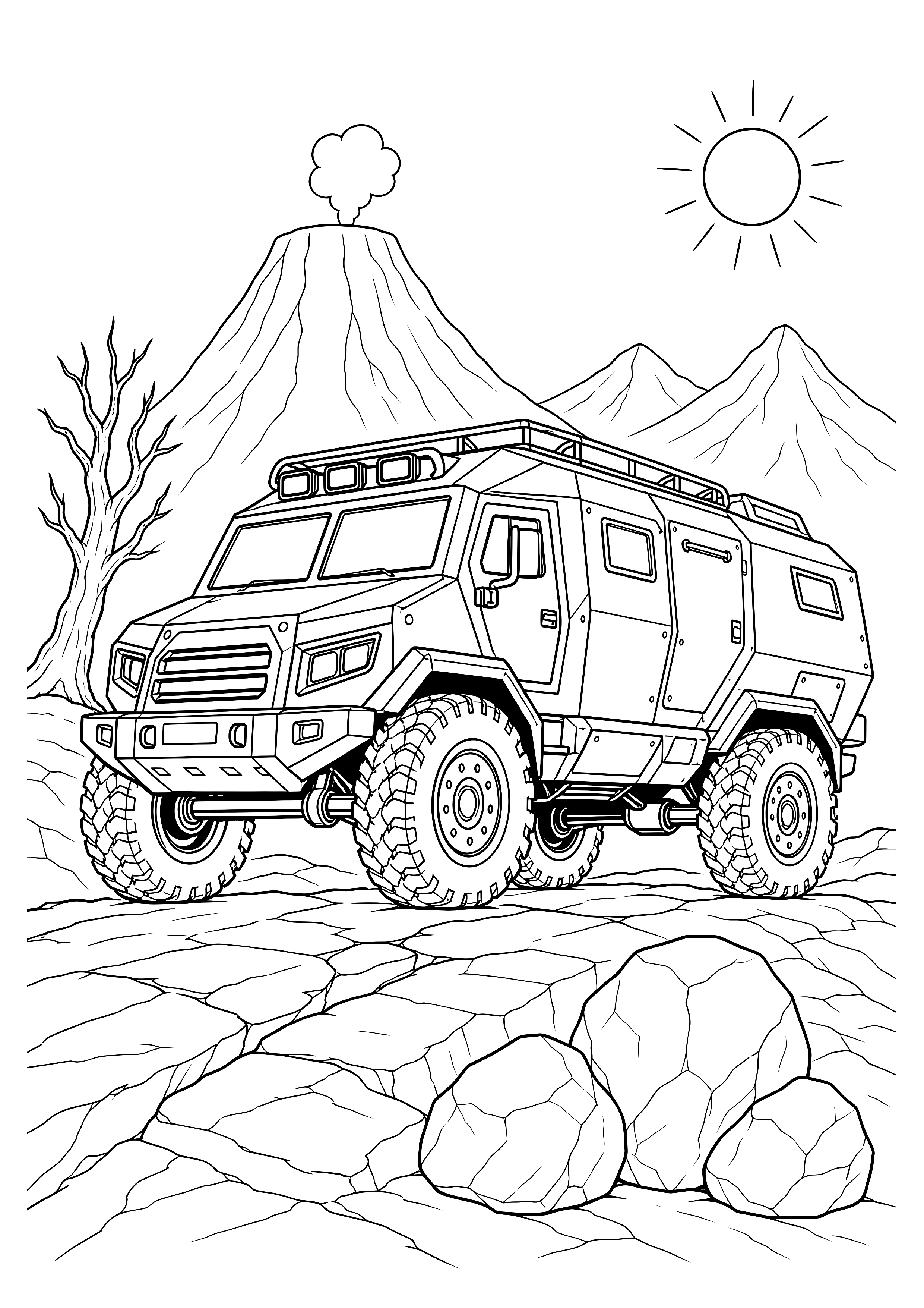Vulkantruck auf dem Lavapfad — Ein gepanzerter Monstertruck rollt zwischen erkalteten Lavafelsen vor einem ruhenden Vulkan.