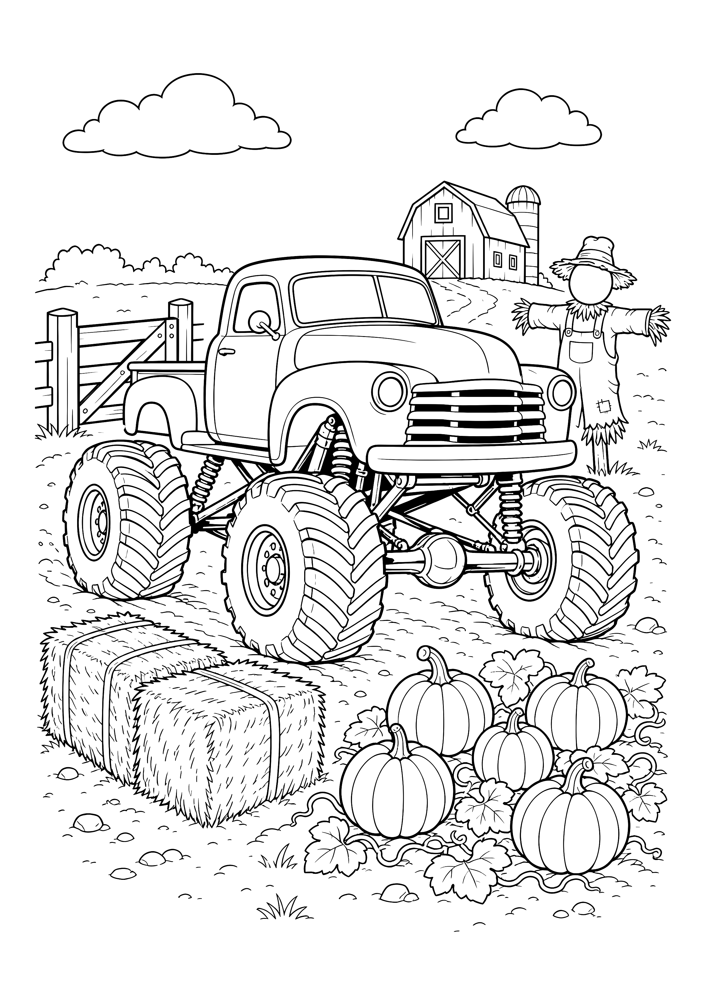 Monstertruck auf dem Kürbishof — Ein klassischer Pickup-Monstertruck fährt zwischen Kürbissen, Scheune und Heuballen über den Hof.