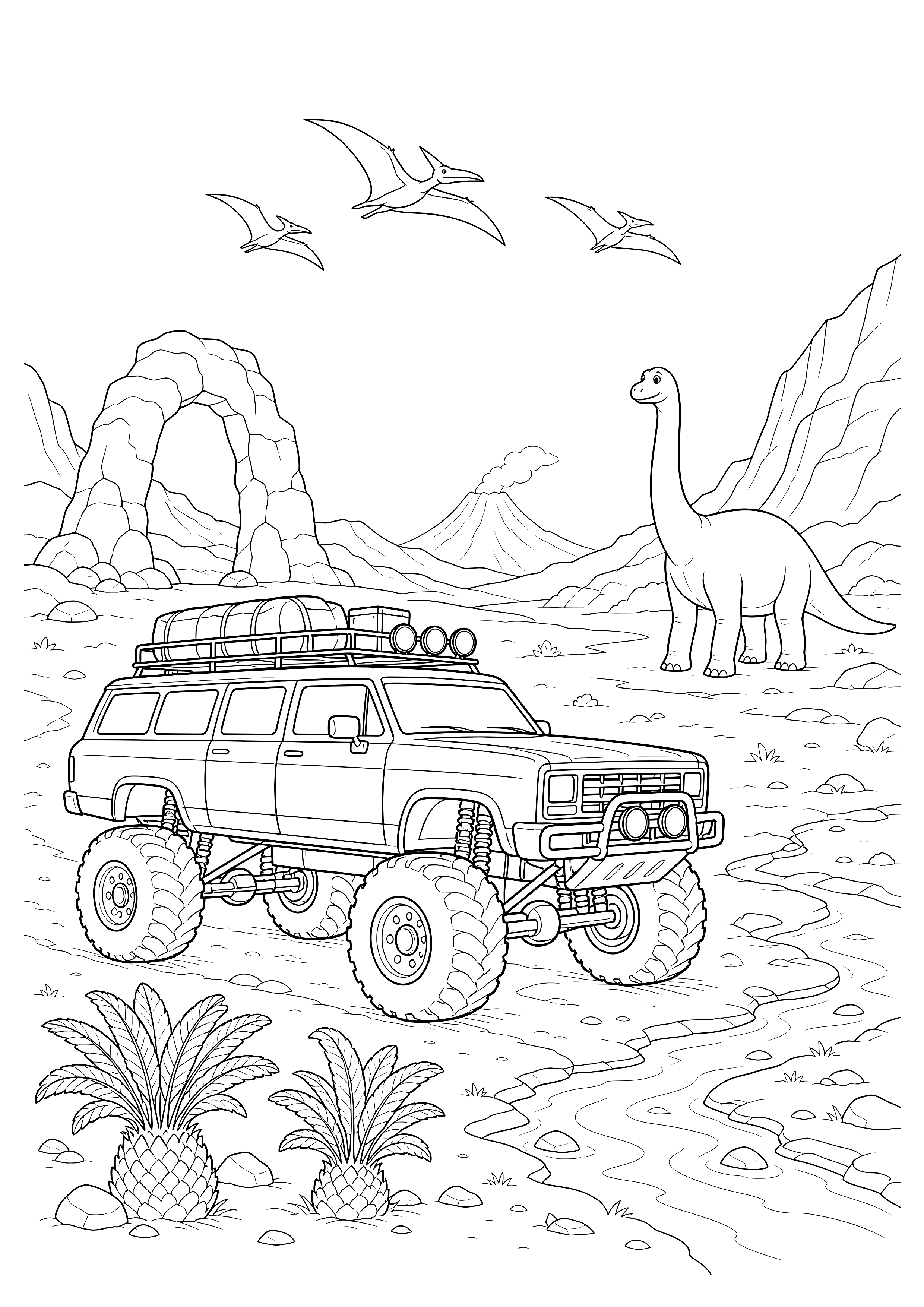 Expedition im Dinosauriertal — Ein Expeditions-Monstertruck folgt einer Felsroute zwischen Farnen, Fußspuren und Dinosauriern.