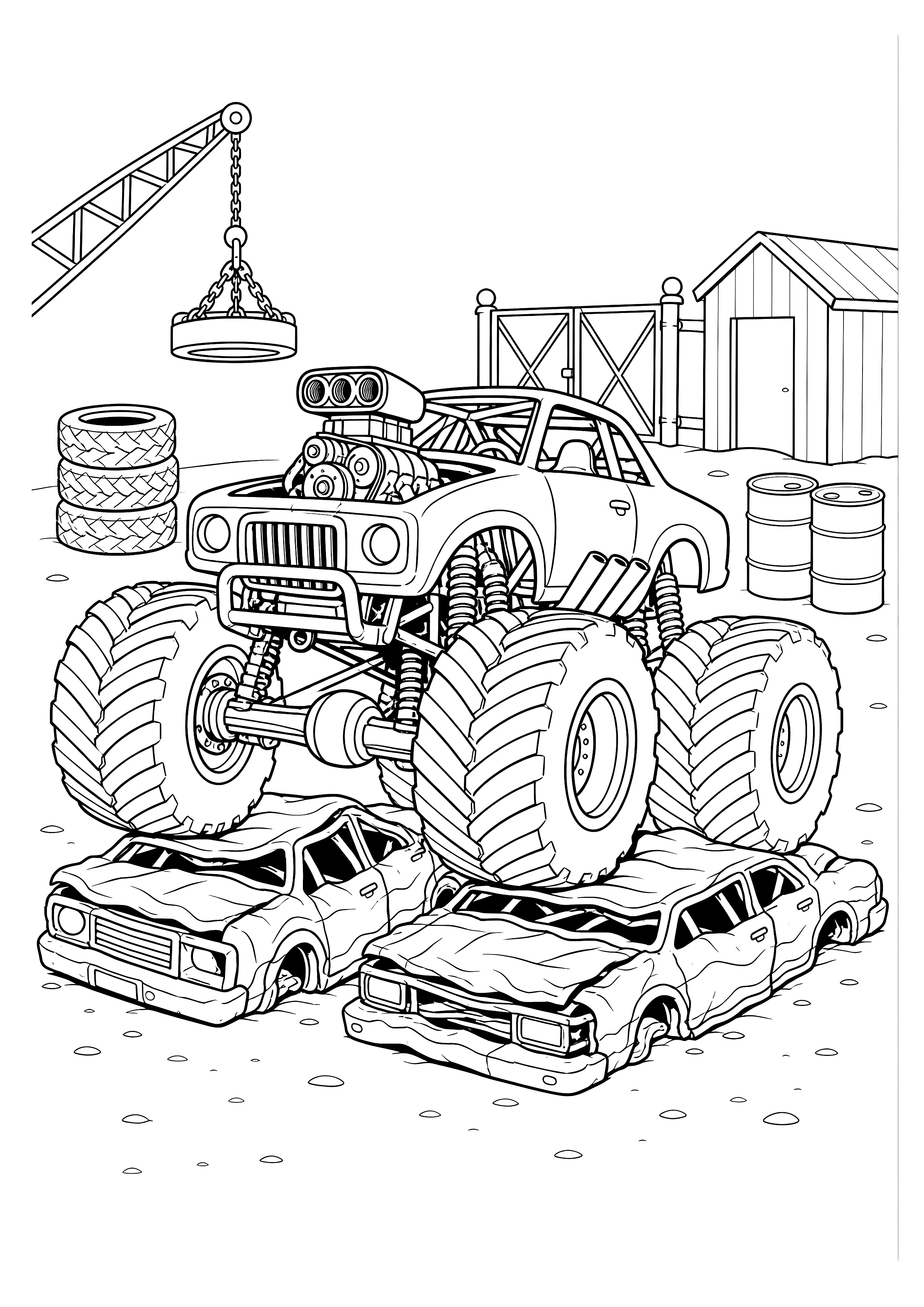 Hot-Rod-Truck auf dem Schrottplatz — Ein Hot-Rod-Monstertruck klettert über zwei alte Autos zwischen Reifenstapeln und Schrottteilen.