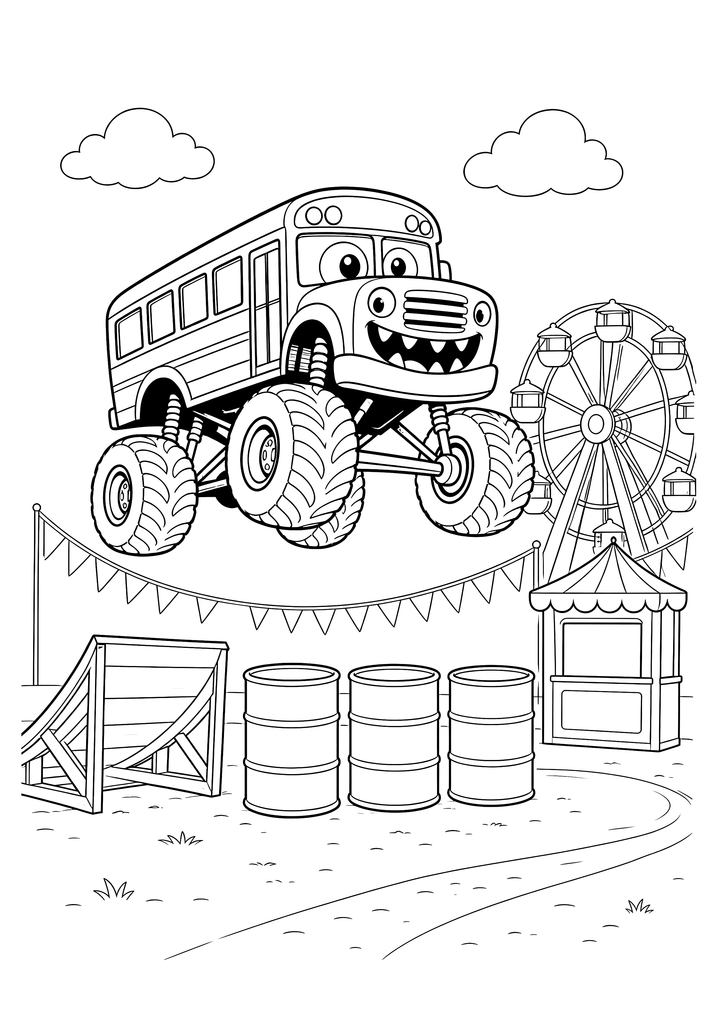 Schulbus-Truck auf dem Jahrmarkt — Ein Monstertruck im Schulbus-Stil springt über eine Rampe vor Riesenrad und Festzelten.