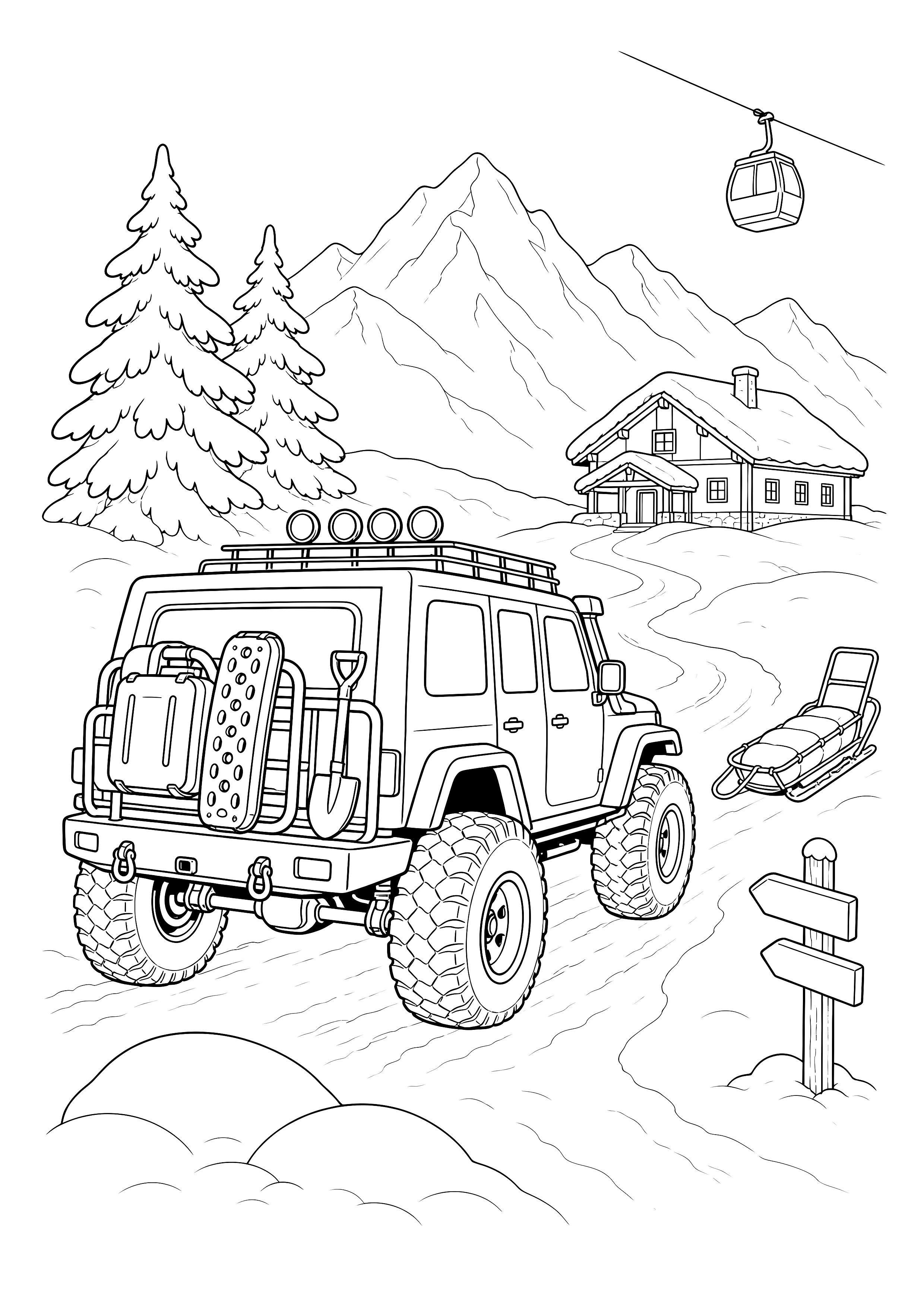 Schneerettung mit dem Monstertruck — Ein Rettungs-Monstertruck zieht Ausrüstung durch tiefen Schnee zu einer Berghütte.