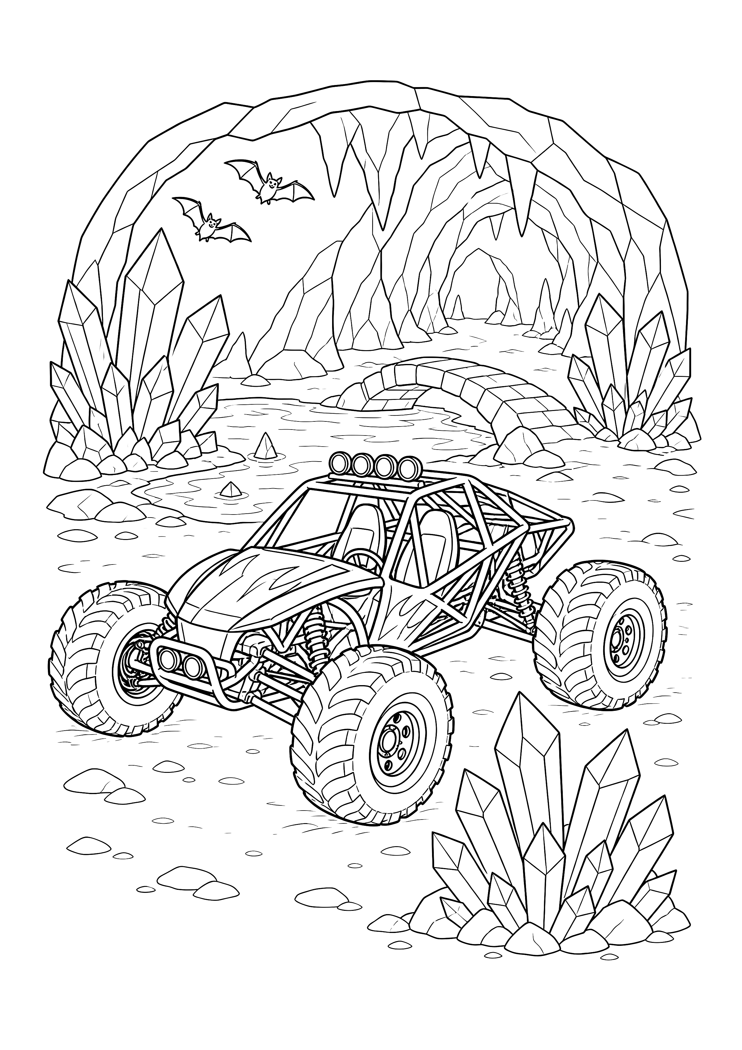 Monsterbuggy in der Kristallhöhle — Ein offener Monsterbuggy fährt zwischen großen Kristallen, Felsen und einer Höhlenpfütze.