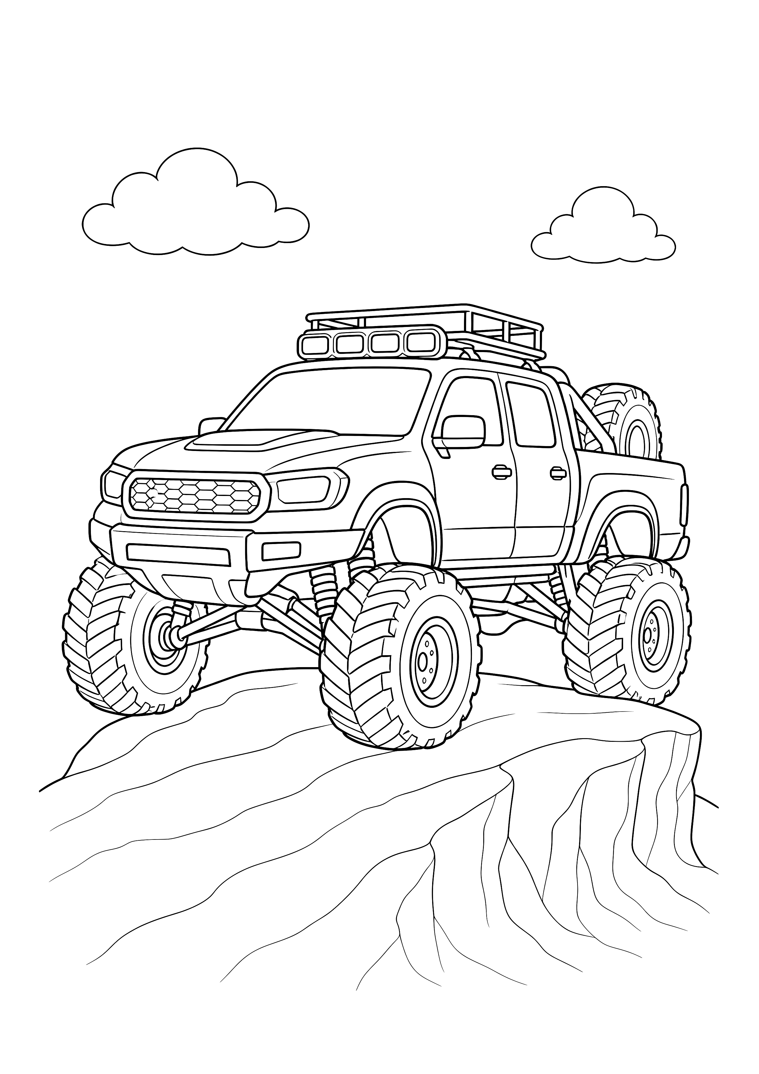 Monstertruck in der Arktis — Ein robuster Monstertruck erklimmt einen Eisrücken in einer klaren Arktis-Szene mit großen Ausmalflächen.
