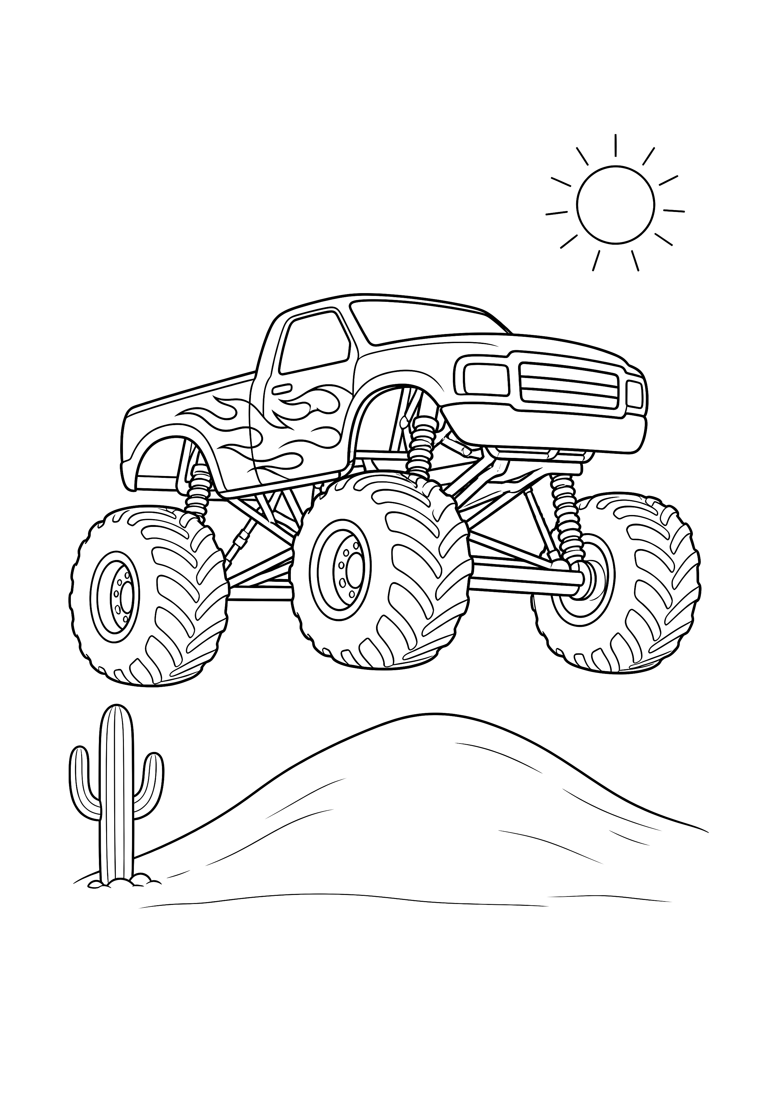 Monstertruck springt über eine Wüstendüne — Ein Wüsten-Monstertruck springt über eine niedrige Sanddüne neben einem Kaktus.