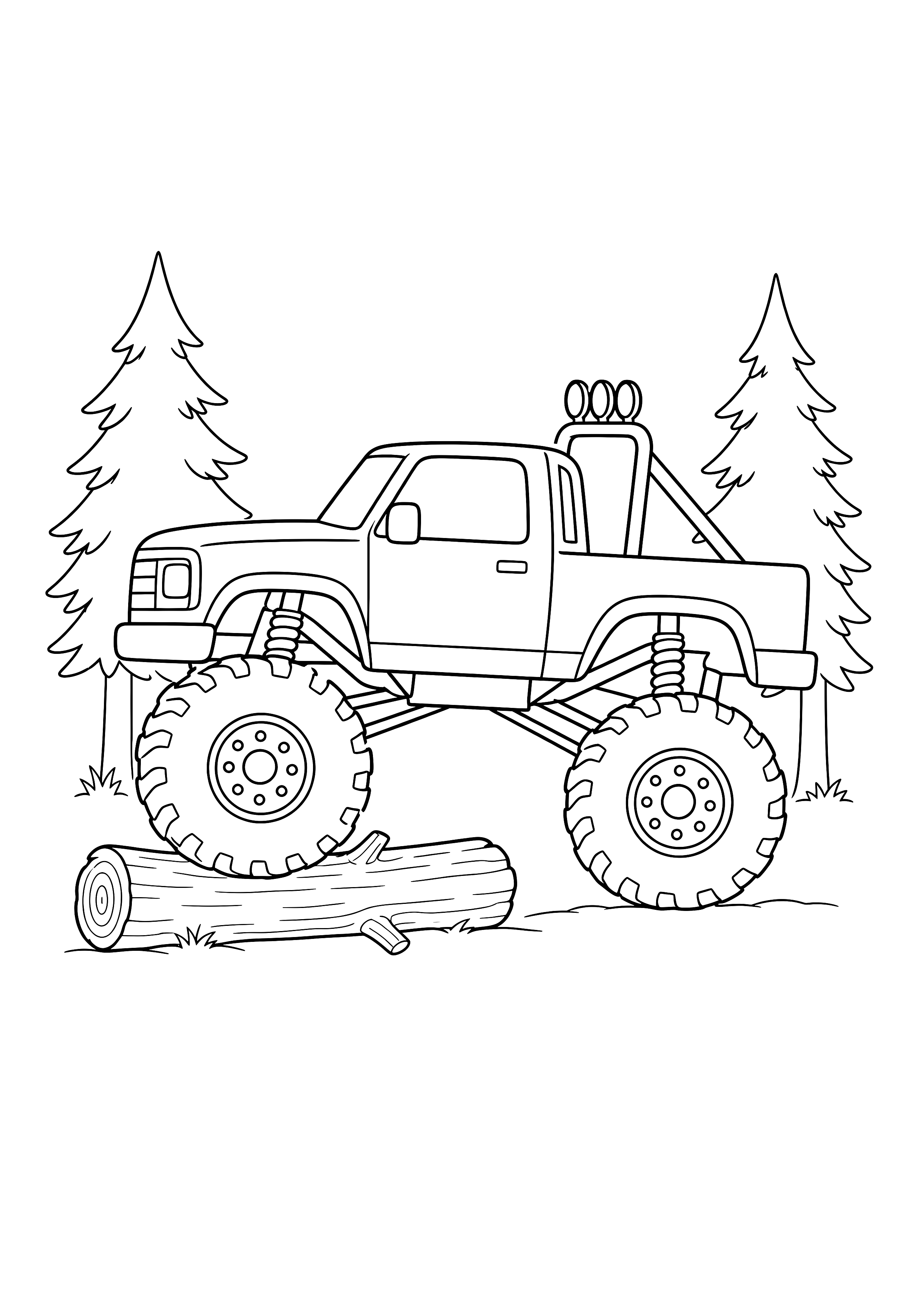 Monstertruck auf dem Waldweg — Ein kantiger Monstertruck fährt vorsichtig über einen Baumstamm zwischen zwei Tannen.