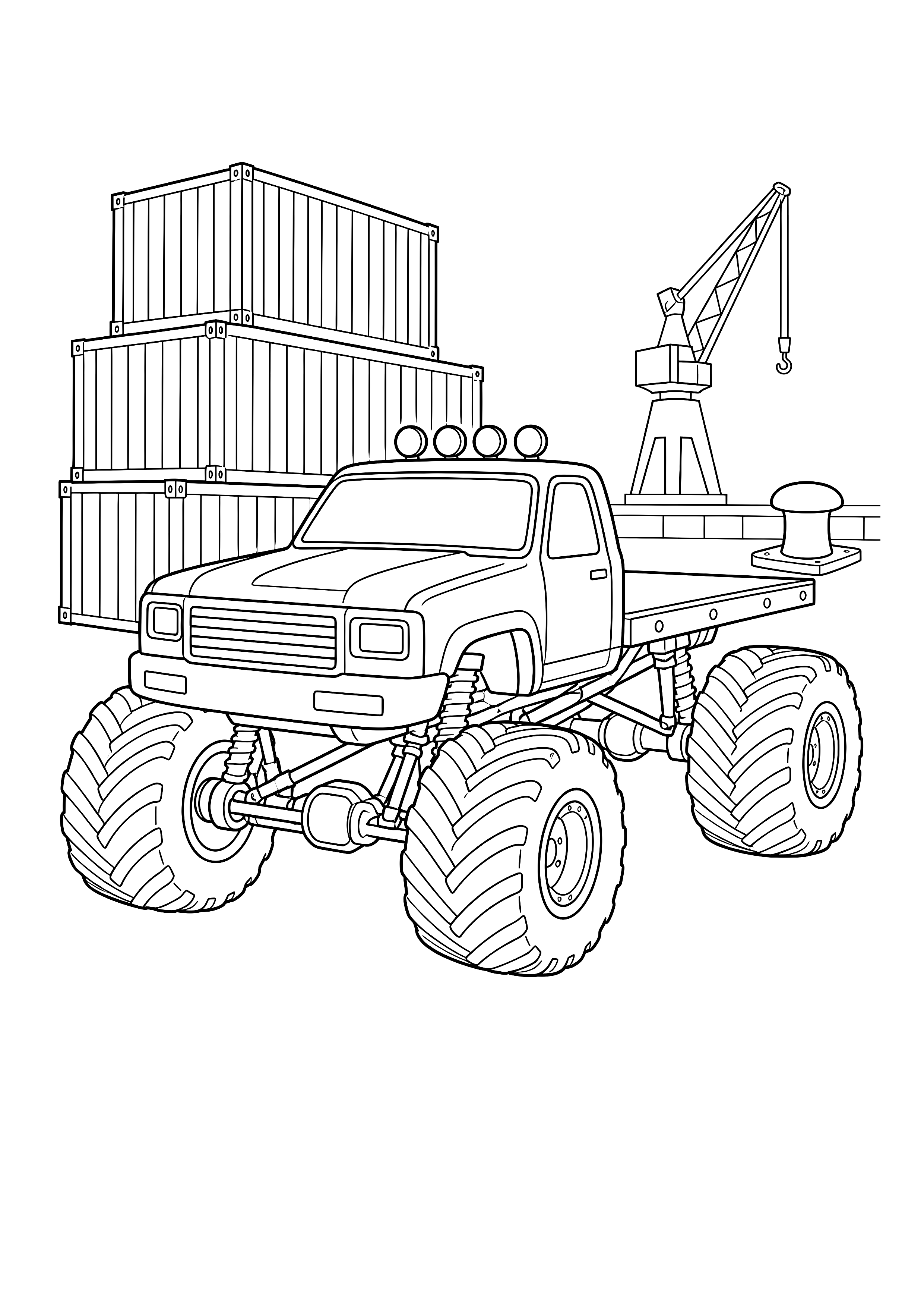 Monstertruck am Hafen — Ein Monstertruck mit Ladefläche rollt an Containern und einem Hafenkran vorbei.
