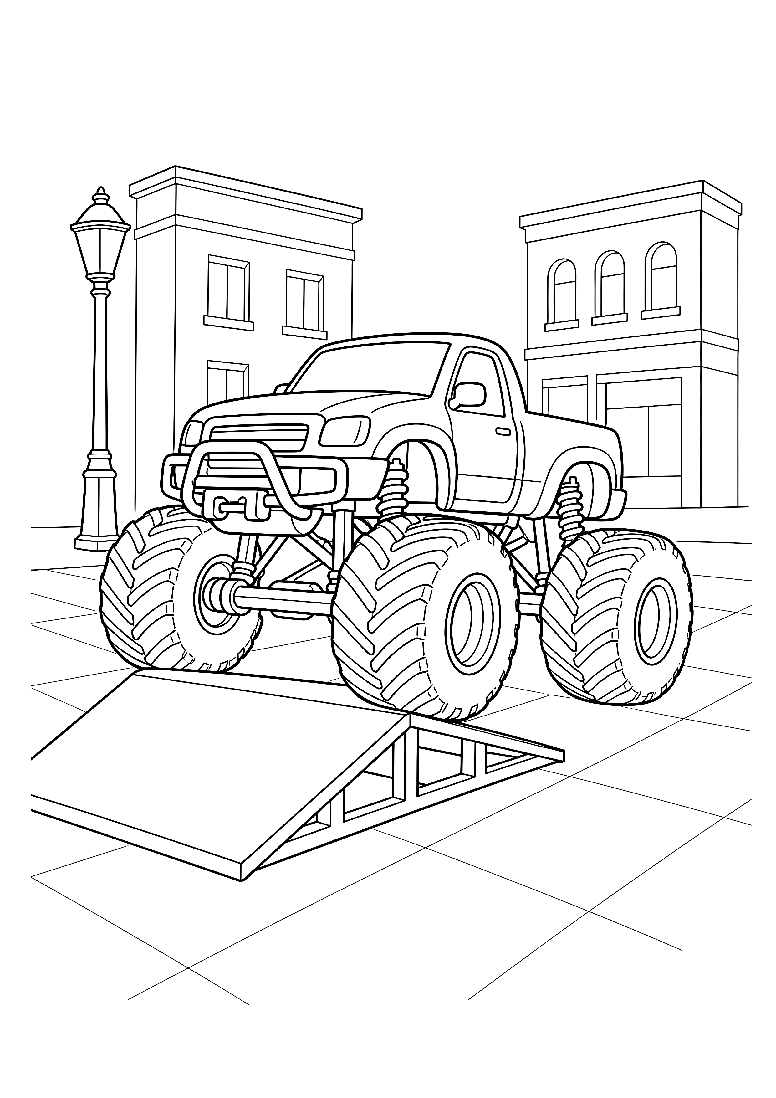 Monstertruck auf der Stadtrampe — Ein kompakter Monstertruck fährt auf einer ruhigen Stadtfläche über eine kleine Rampe.