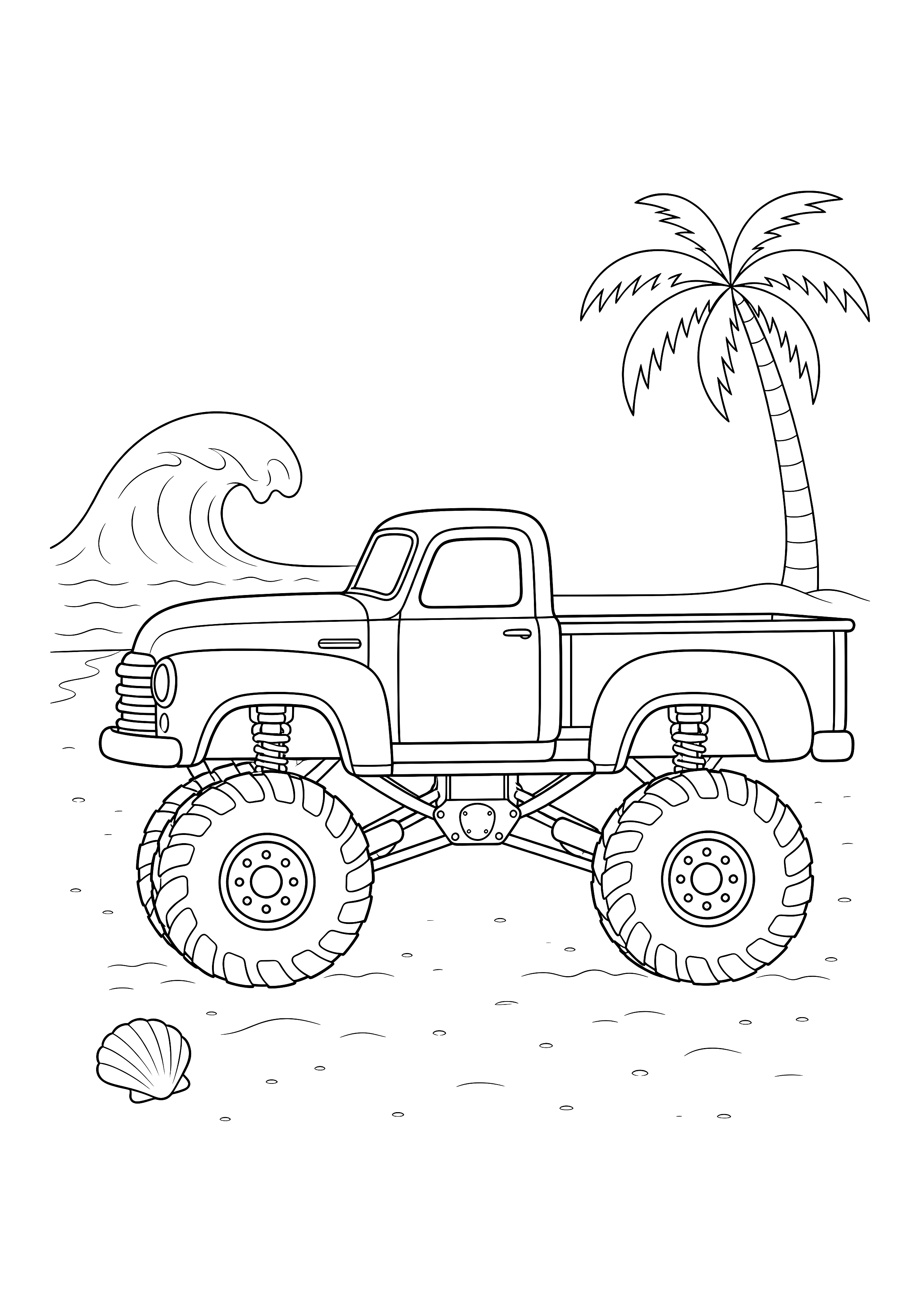 Monstertruck am Strand — Ein klassischer Pickup-Monstertruck fährt neben Welle, Muschel und Palme am Strand.