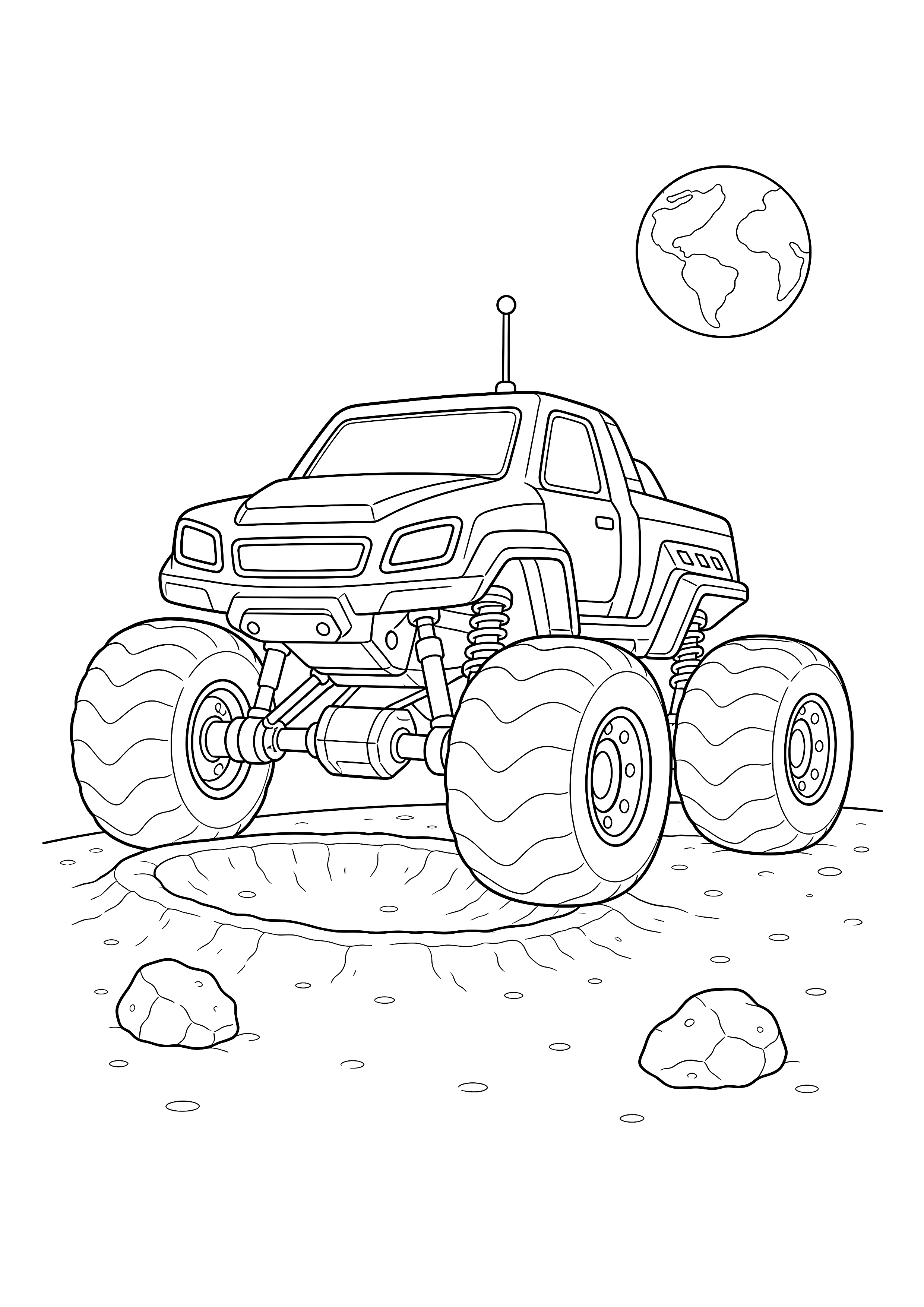 Monstertruck auf dem Mond — Ein Mond-Monstertruck fährt über einen kleinen Krater, während die Erde am Himmel steht.