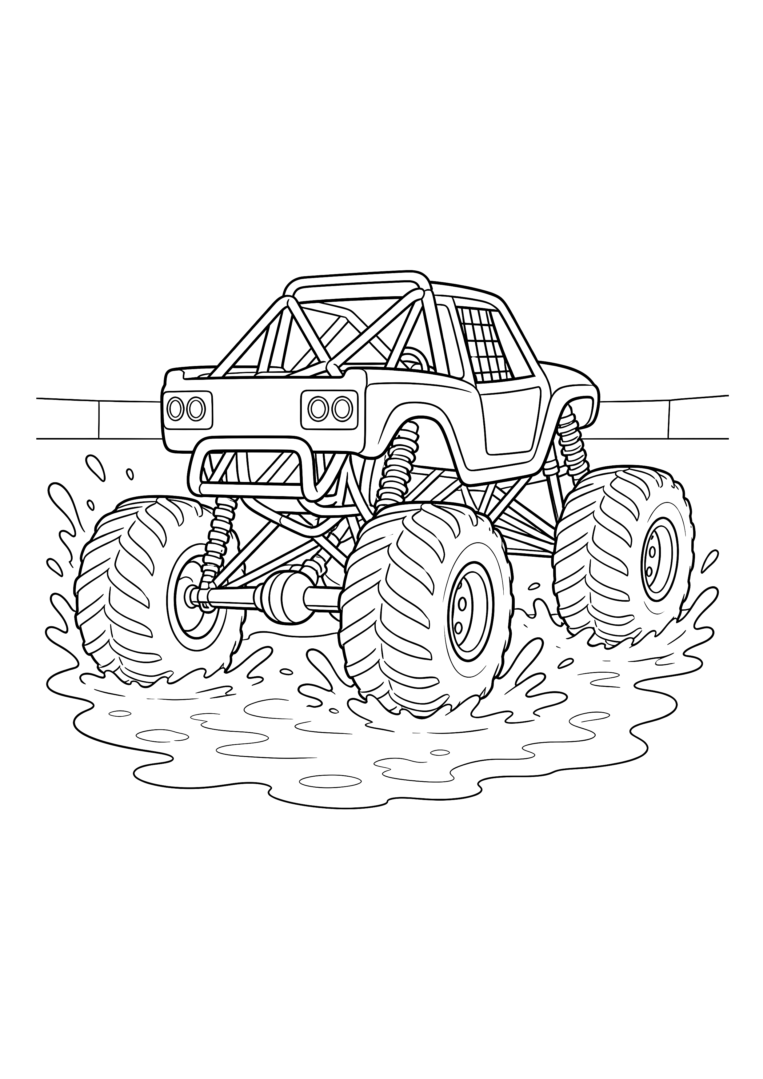 Monstertruck in der Schlamm-Arena — Ein Buggy-Monstertruck spritzt durch eine flache Pfütze in der Schlamm-Arena.