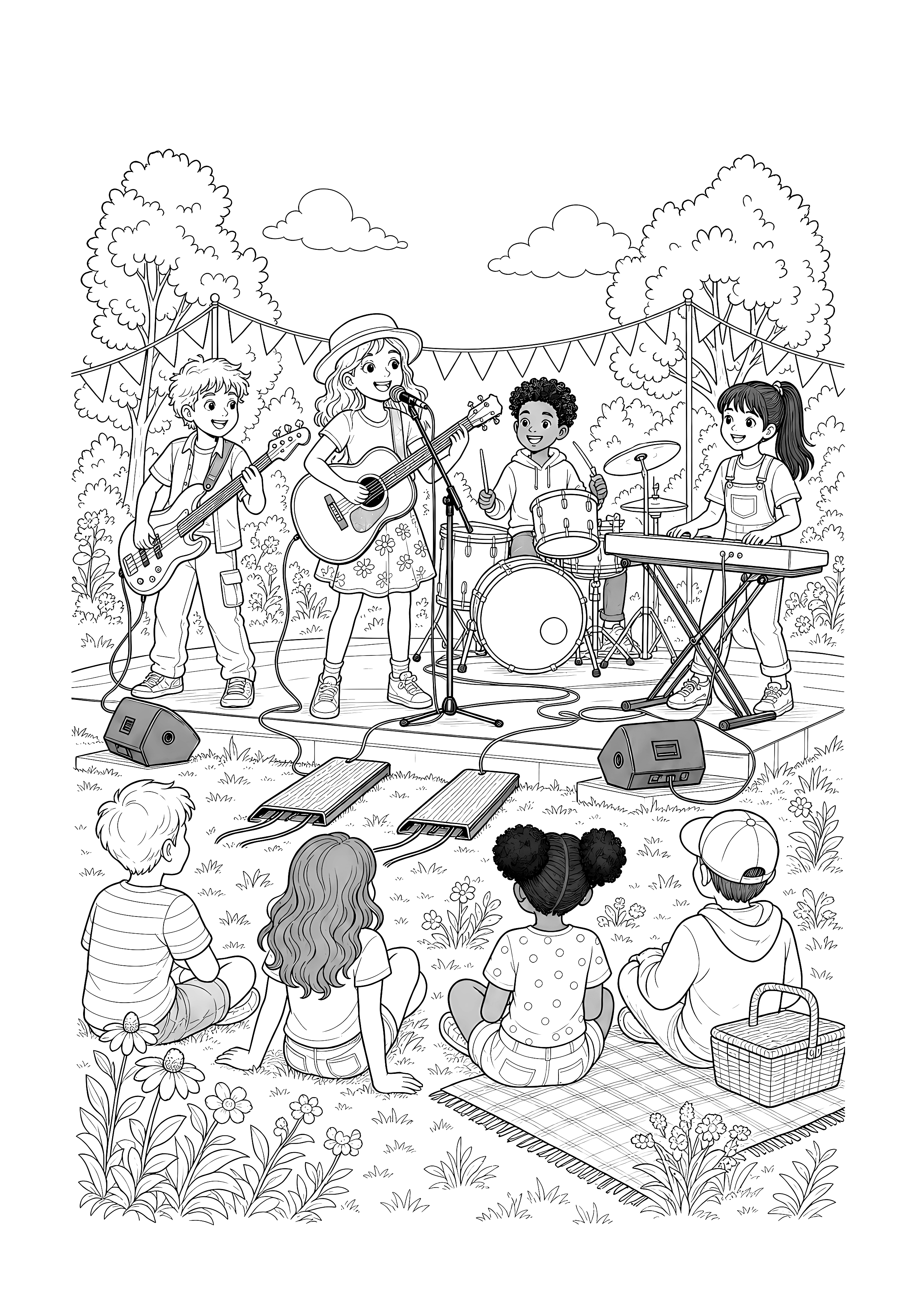 Open-Air-Band im Park — Eine vierköpfige Band spielt zwischen Blumen, Picknickdecken und Festivallichtern im Park.