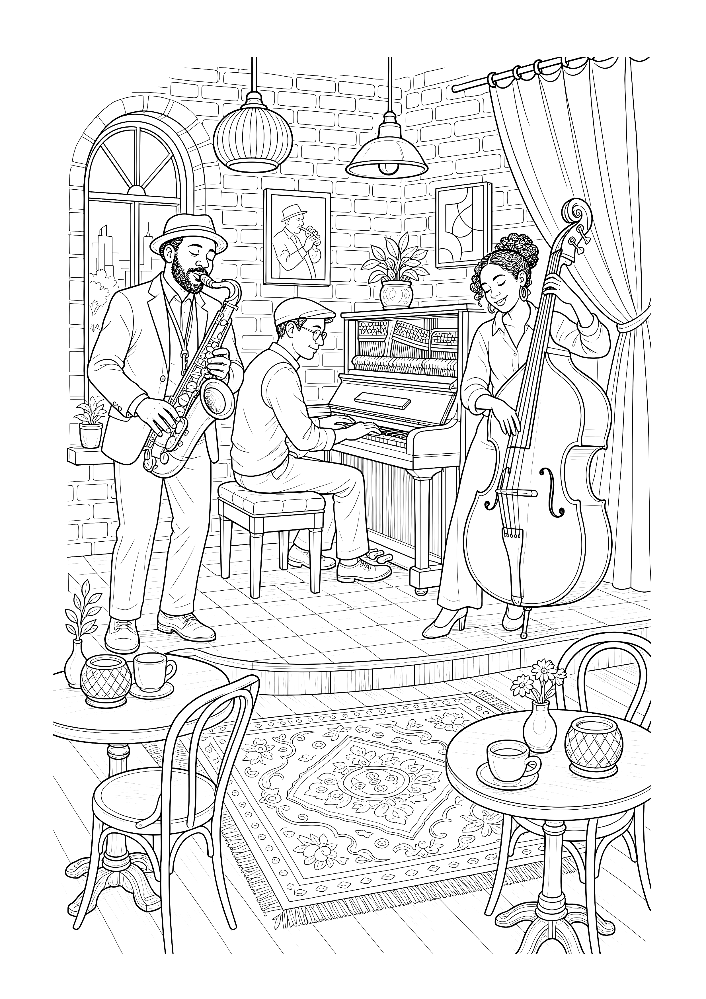 Jazz-Trio im Musikcafé — Saxofon, Klavier und Kontrabass spielen gemeinsam in einem gemütlichen Jazzcafé.