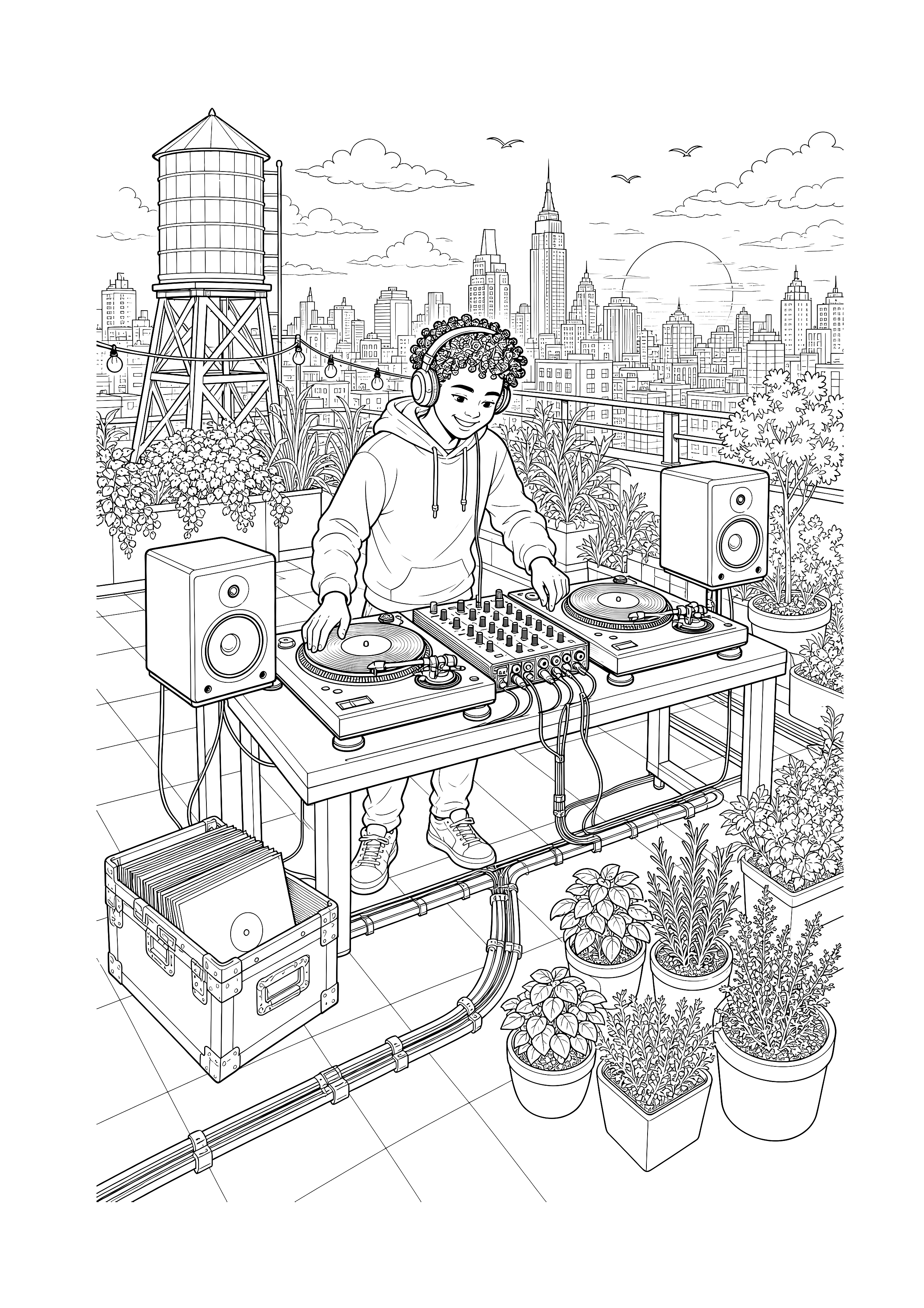 DJ im Dachgarten — Ein DJ spielt zwischen Kräutertöpfen, Plattenkiste und Stadtpanorama auf einem Dach.