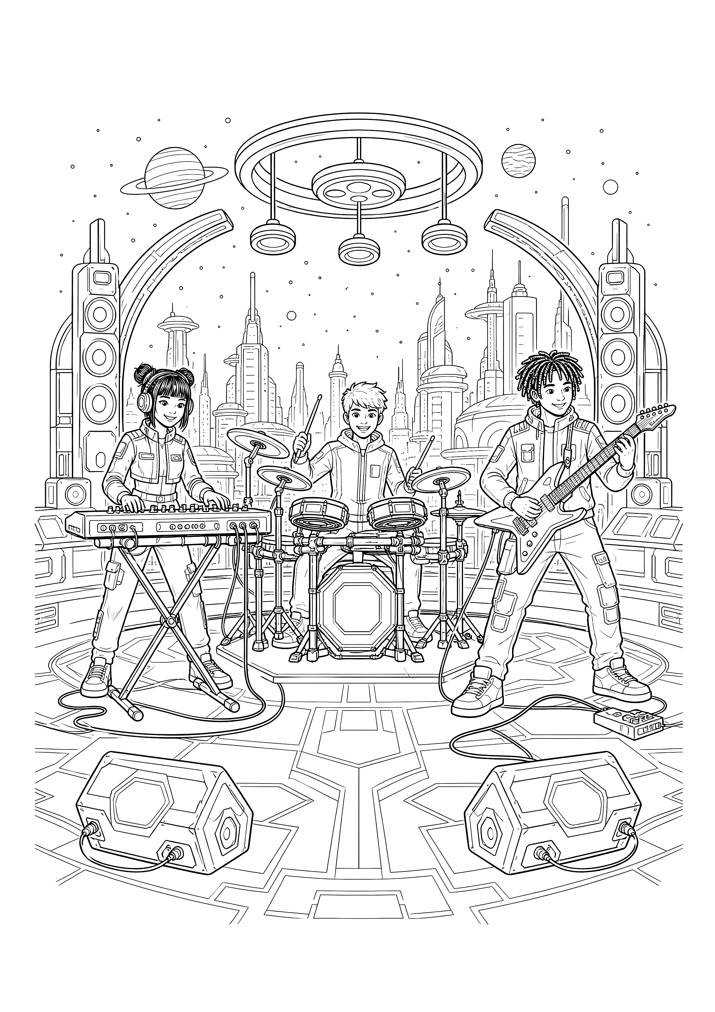 Futuristische Elektronikbühne — Drei Musiker spielen Synthesizer, E-Schlagzeug und Gitarre auf einer futuristischen Bühne.