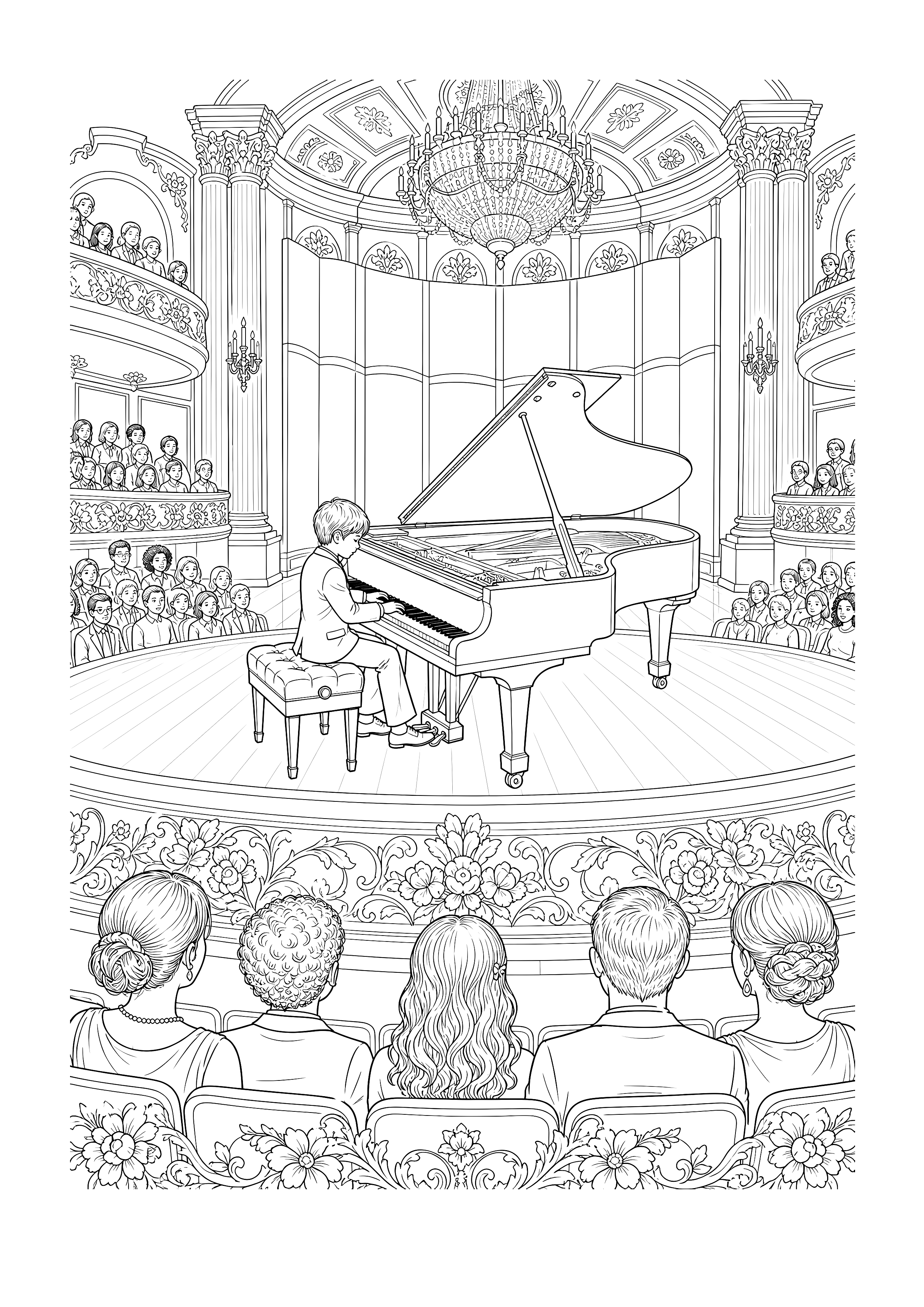 Klavierkonzert im großen Saal — Ein junger Pianist spielt auf einem Flügel vor Balkonen, Säulen und Publikum.