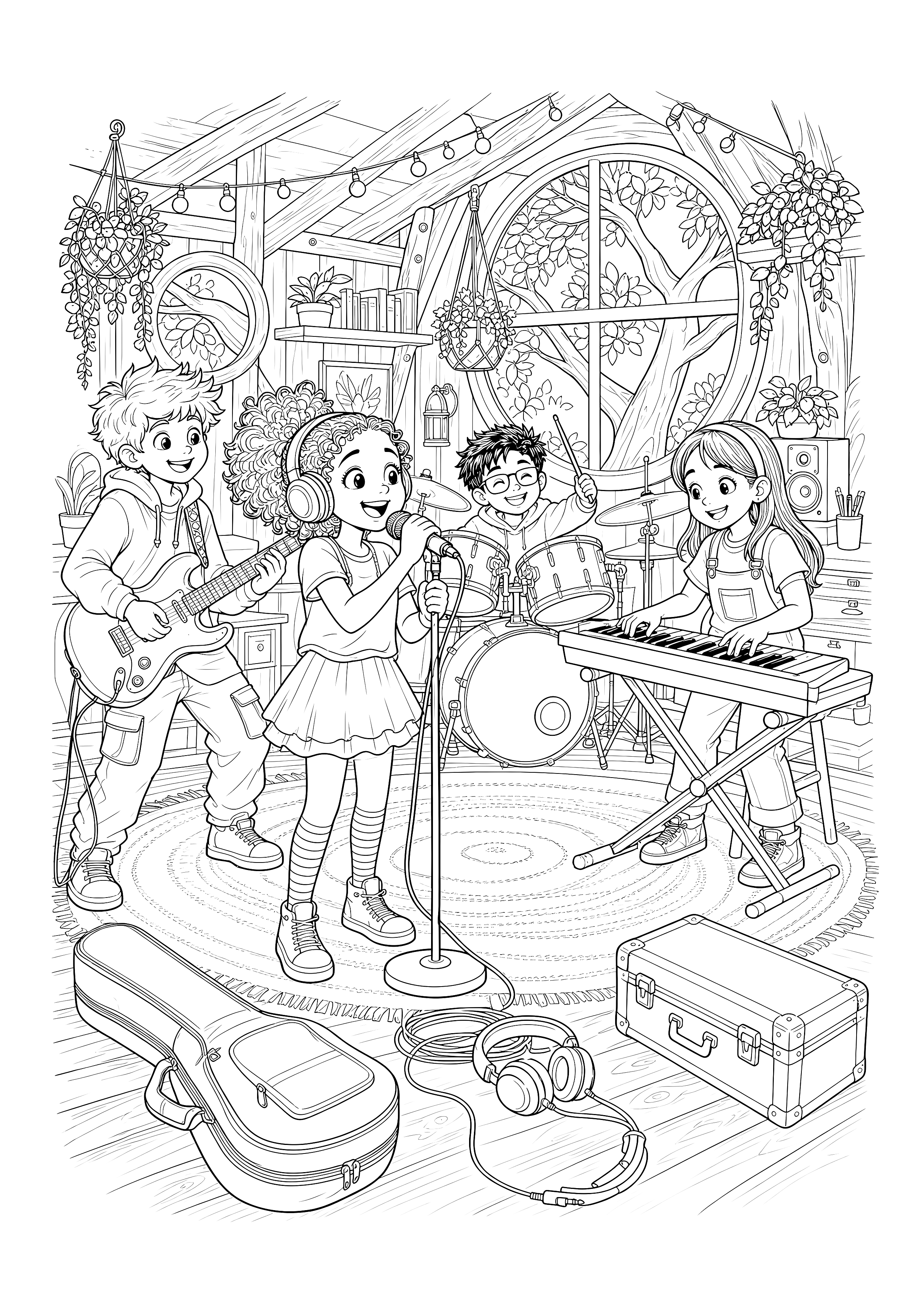 Kinderband im Baumhausstudio — Eine Kinderband nimmt zwischen Holzbalken, Pflanzen und Studiogeräten ein Lied im Baumhaus auf.