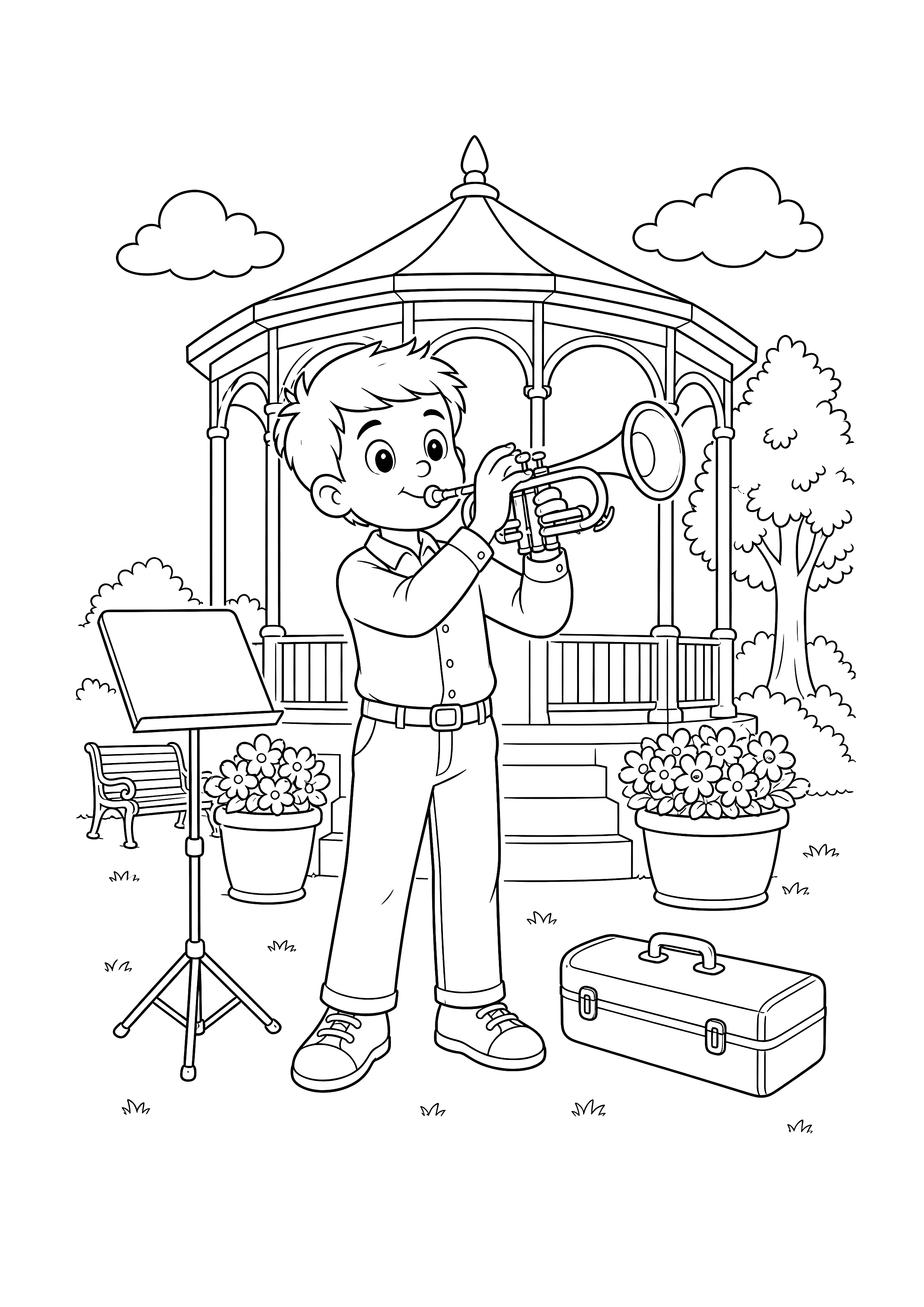 Trompeter im Parkpavillon — Ein junger Trompeter spielt vor einem Pavillon zwischen Notenständer, Bank und Blumen.