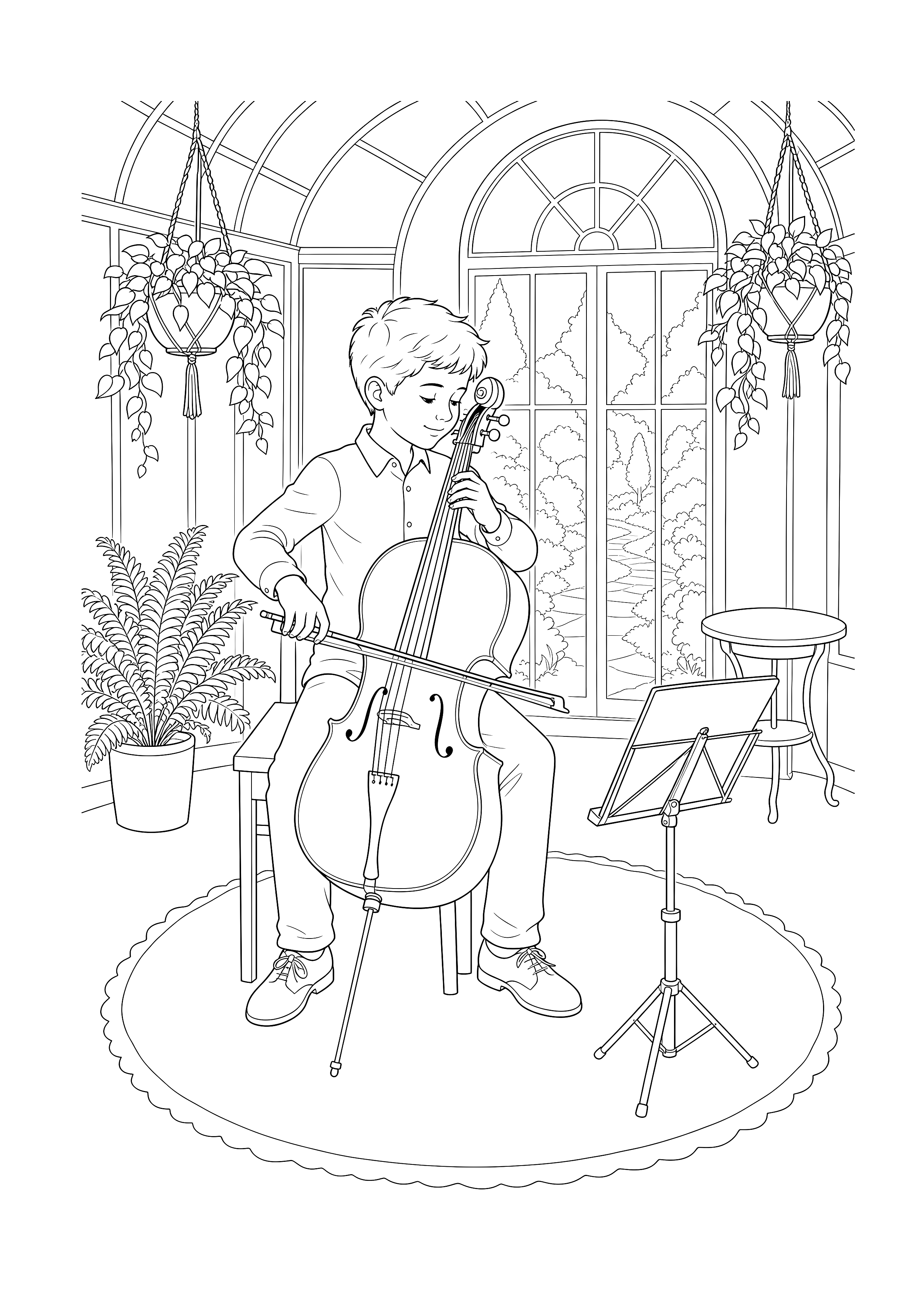 Cellist im Wintergarten — Ein Cellist spielt zwischen Rundfenster, Hängepflanzen, Hocker und Notenständer.