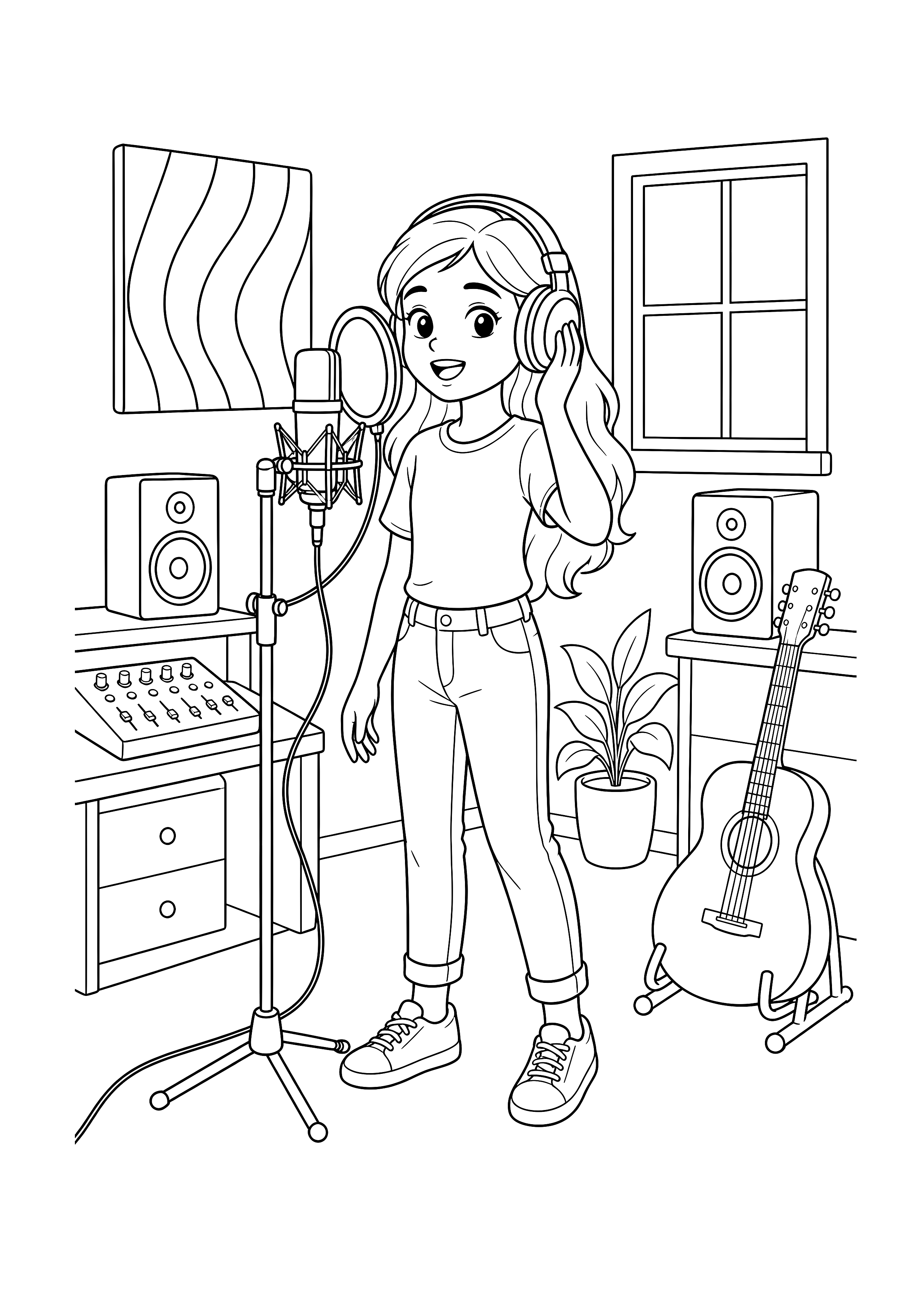 Sängerin im Homestudio — Eine junge Sängerin nimmt zwischen Mikrofon, Mischpult, Lautsprechern und Gitarre einen Song auf.