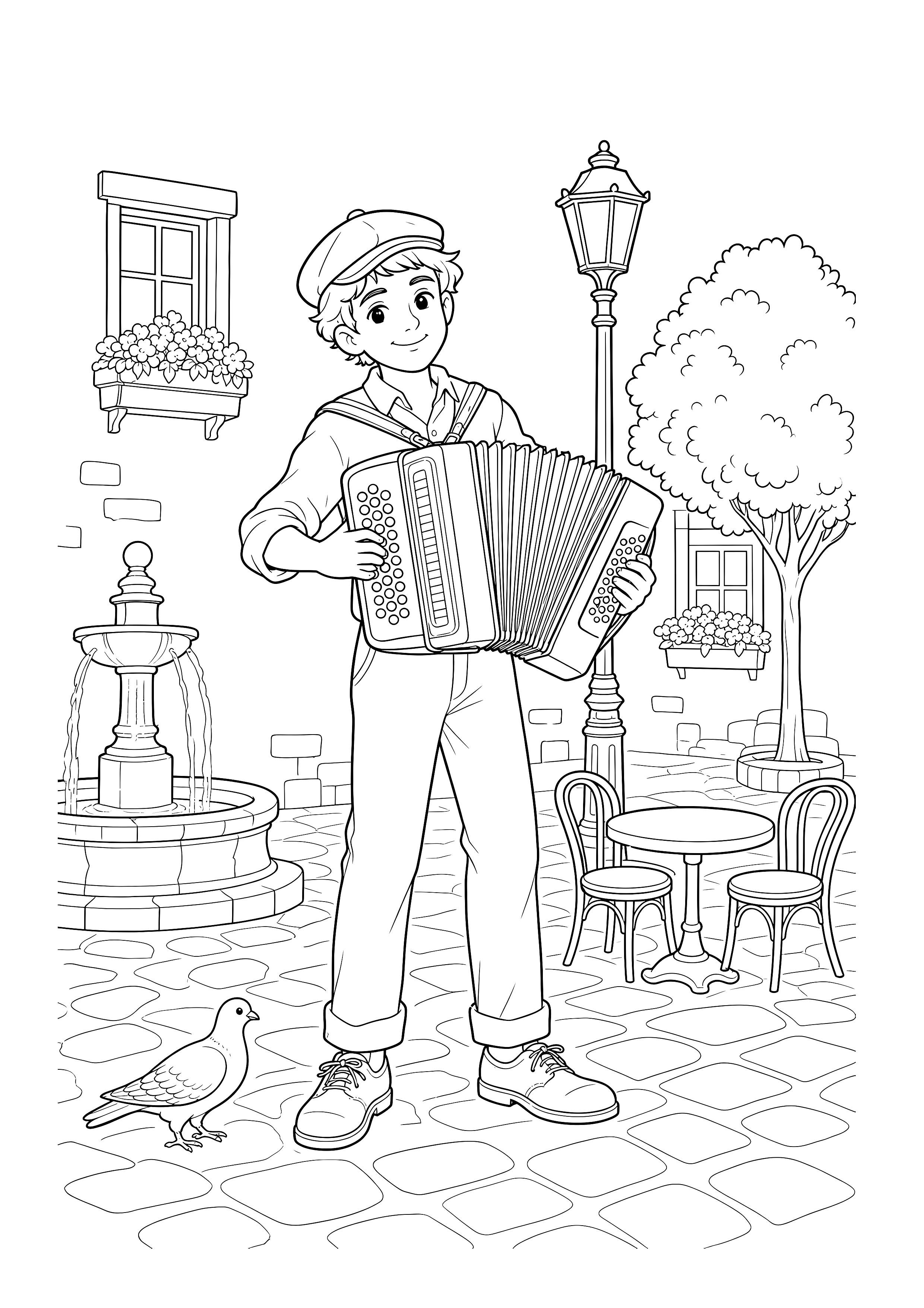 Akkordeonmusik auf dem Stadtplatz — Ein Straßenmusiker spielt Akkordeon neben Brunnen, Laterne, Café und einer neugierigen Taube.