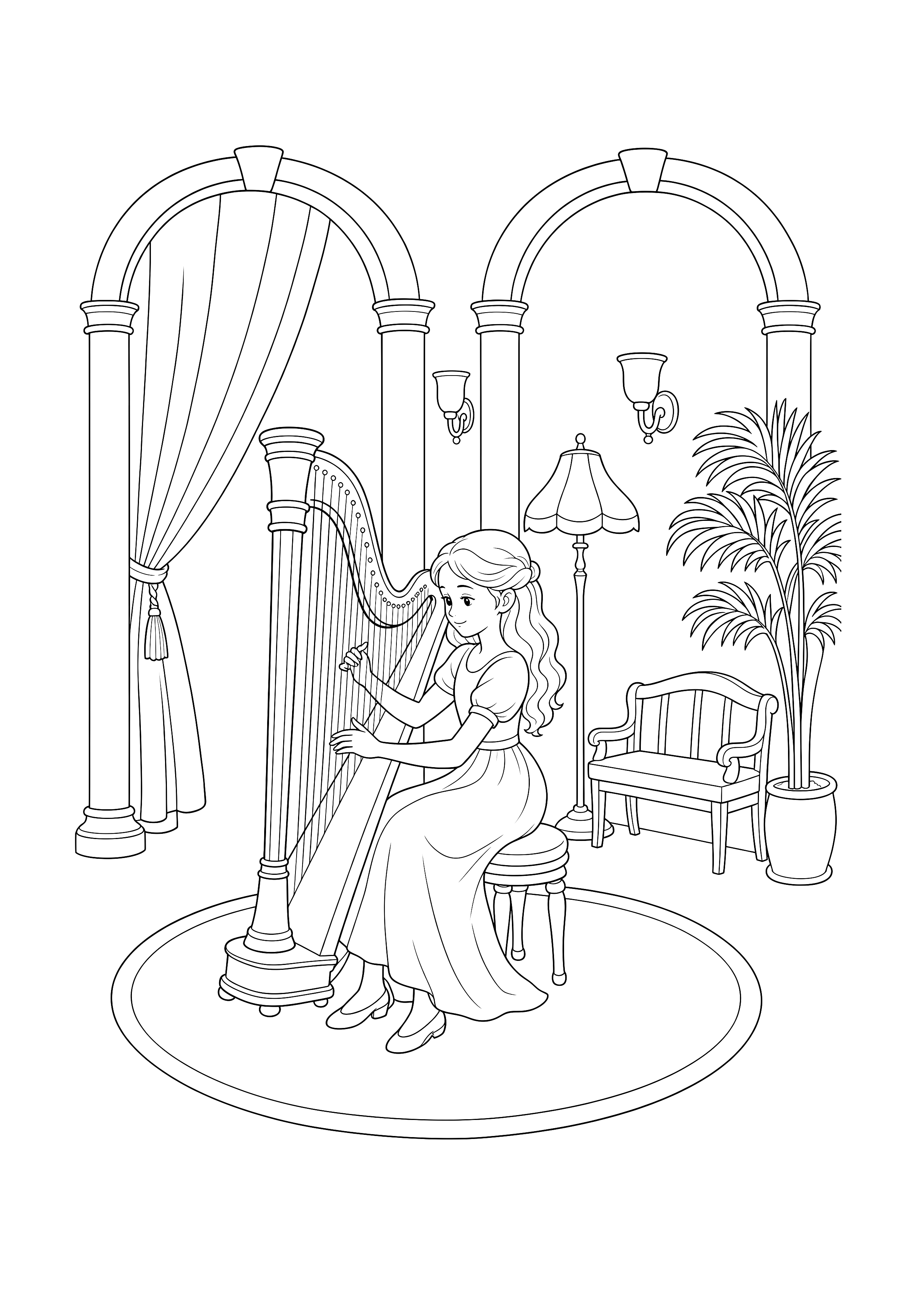 Harfenistin im Theaterfoyer — Eine Harfenistin spielt zwischen Bögen, Lampen, Sessel und Zimmerpflanze im eleganten Foyer.