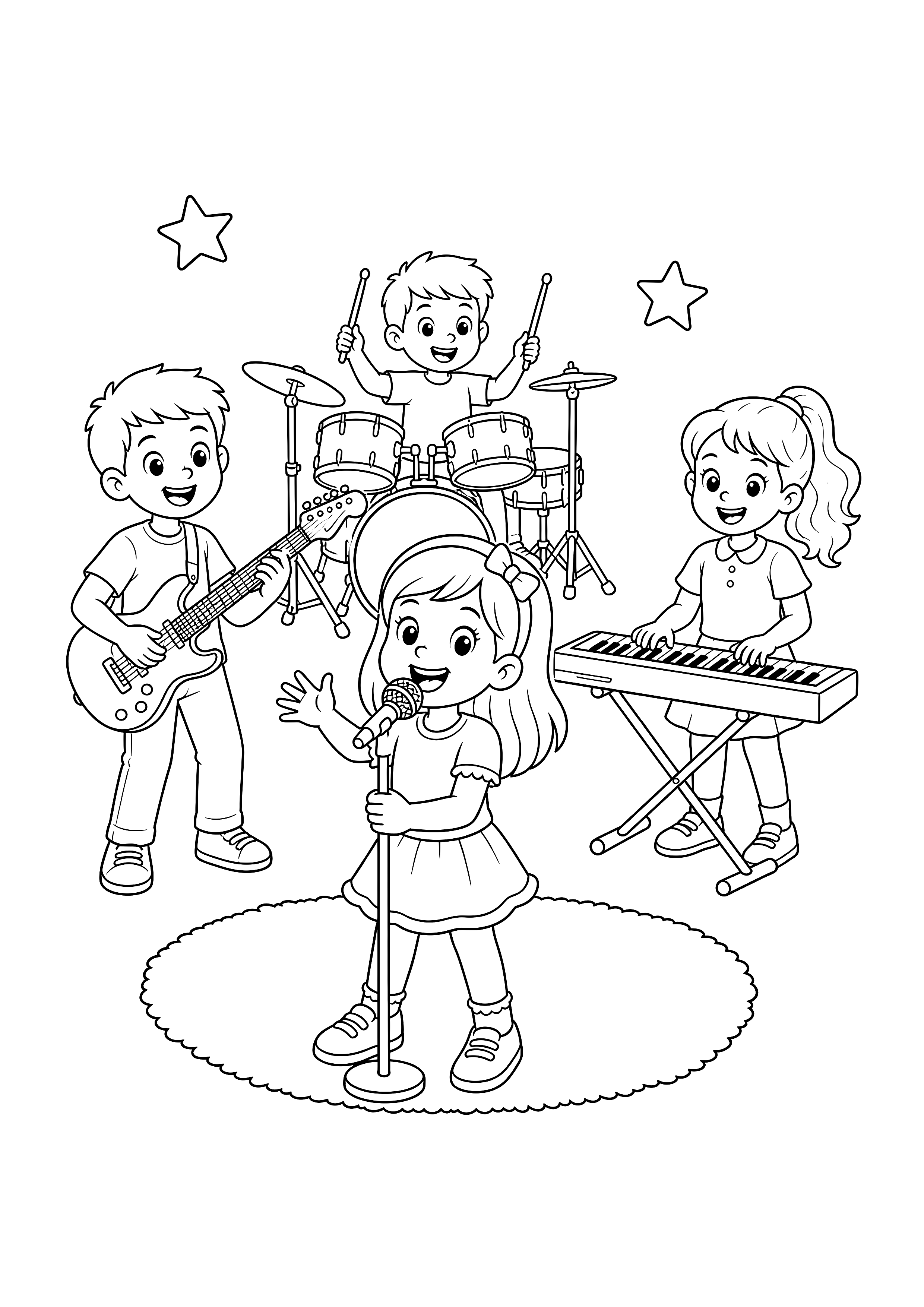 Kinderband bei der Probe — Vier Kinder proben gemeinsam mit Gesang, Gitarre, Keyboard und Schlagzeug.