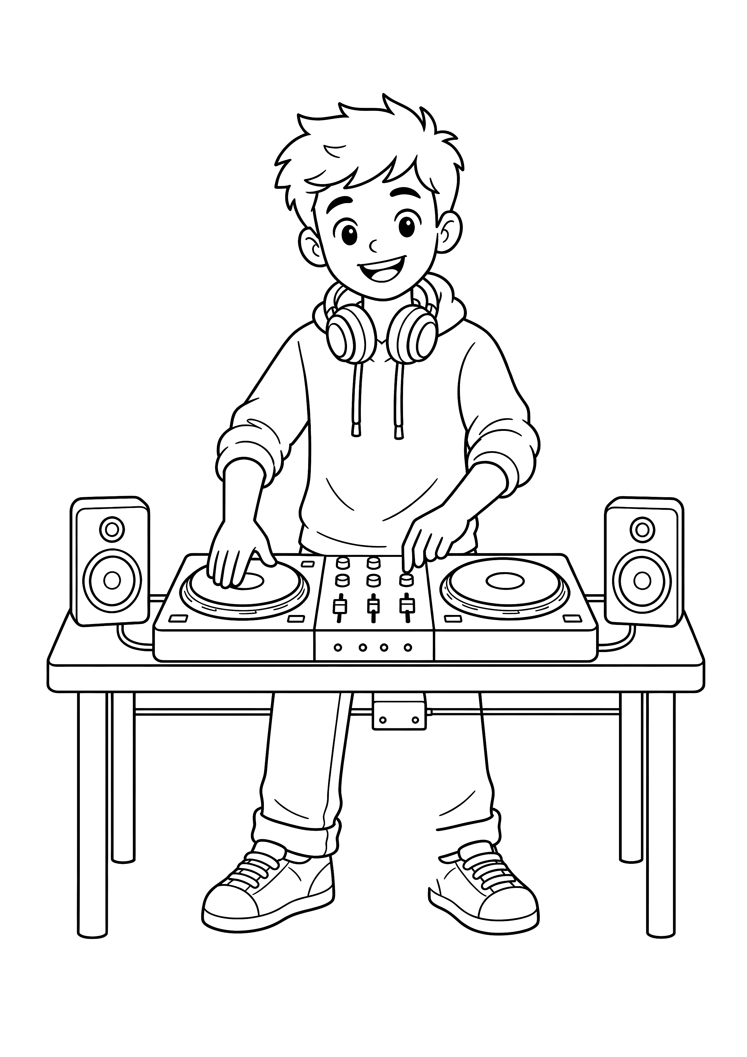 DJ am Mischpult — Ein junger DJ legt an einem kompakten Mischpult mit zwei Plattentellern auf.