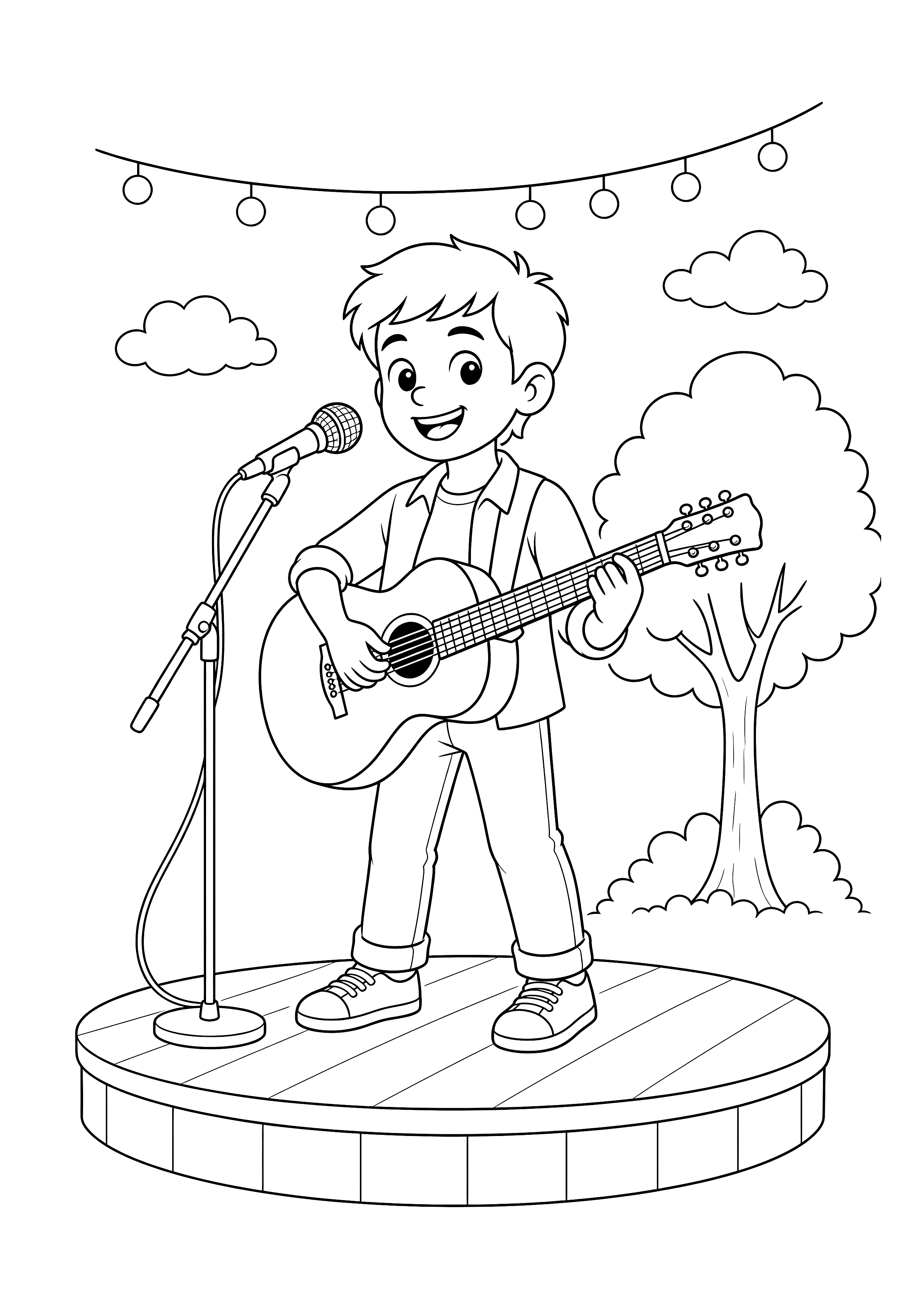 Sänger mit Gitarre im Park — Ein junger Sänger spielt bei einem kleinen Open-Air-Auftritt Akustikgitarre.