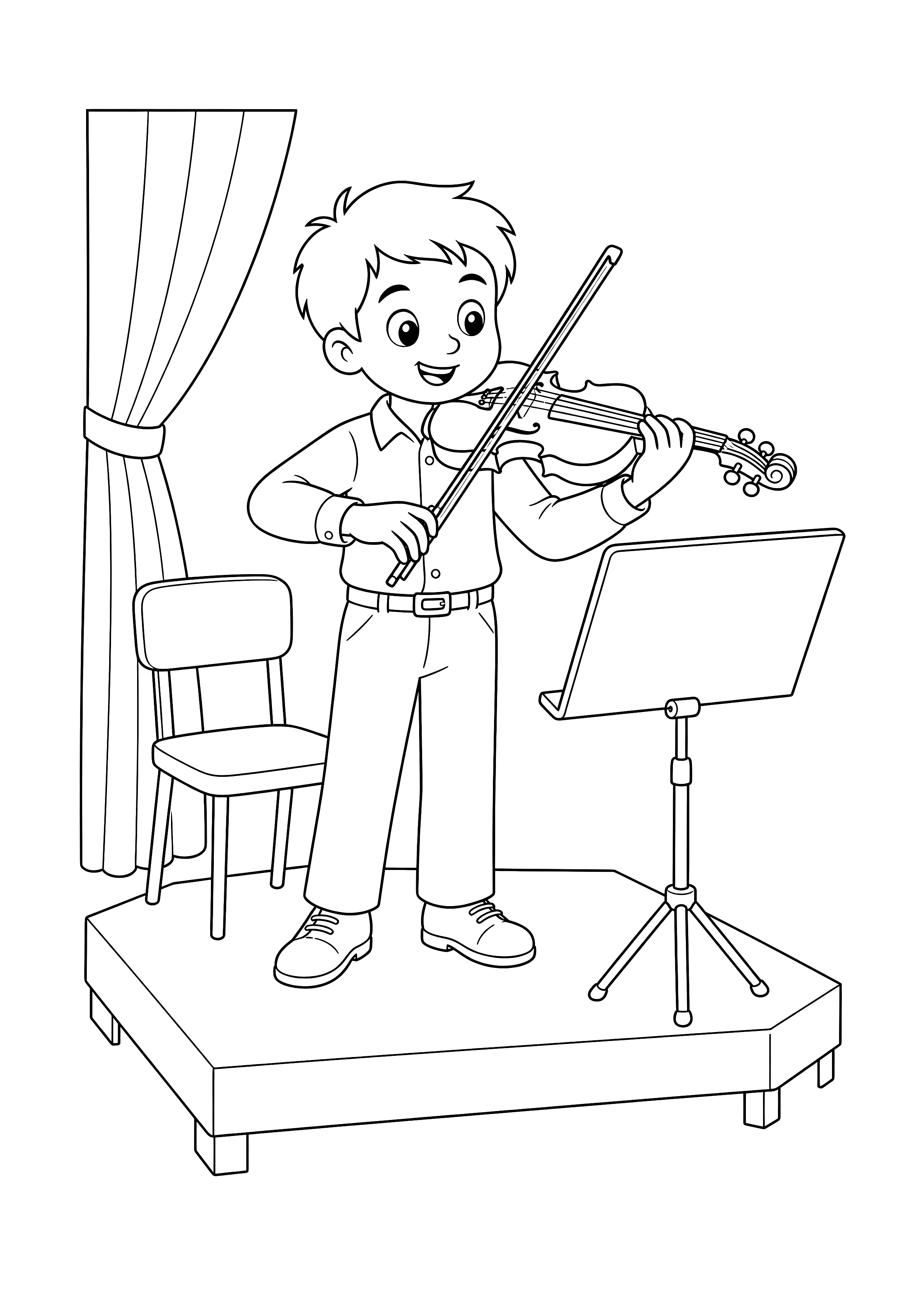 Kind spielt Geige — Ein Kind übt mit Geige und Bogen auf einer kleinen Orchesterbühne.
