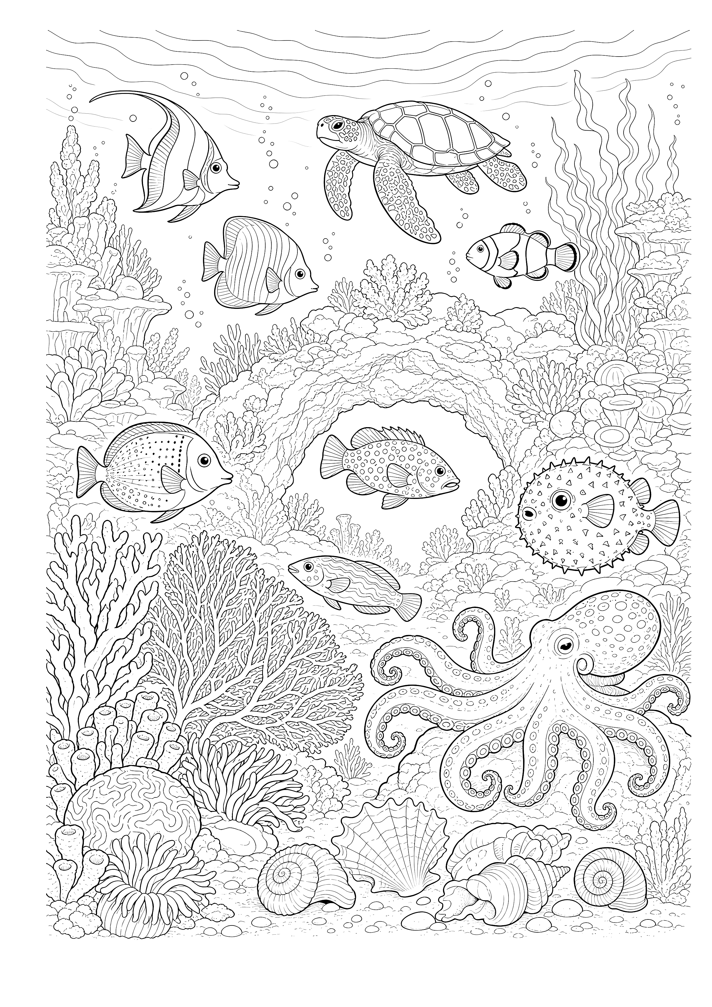 Leben im Korallenriff — Schildkröte, Oktopus und viele Fische schwimmen durch ein dichtes Korallenriff.