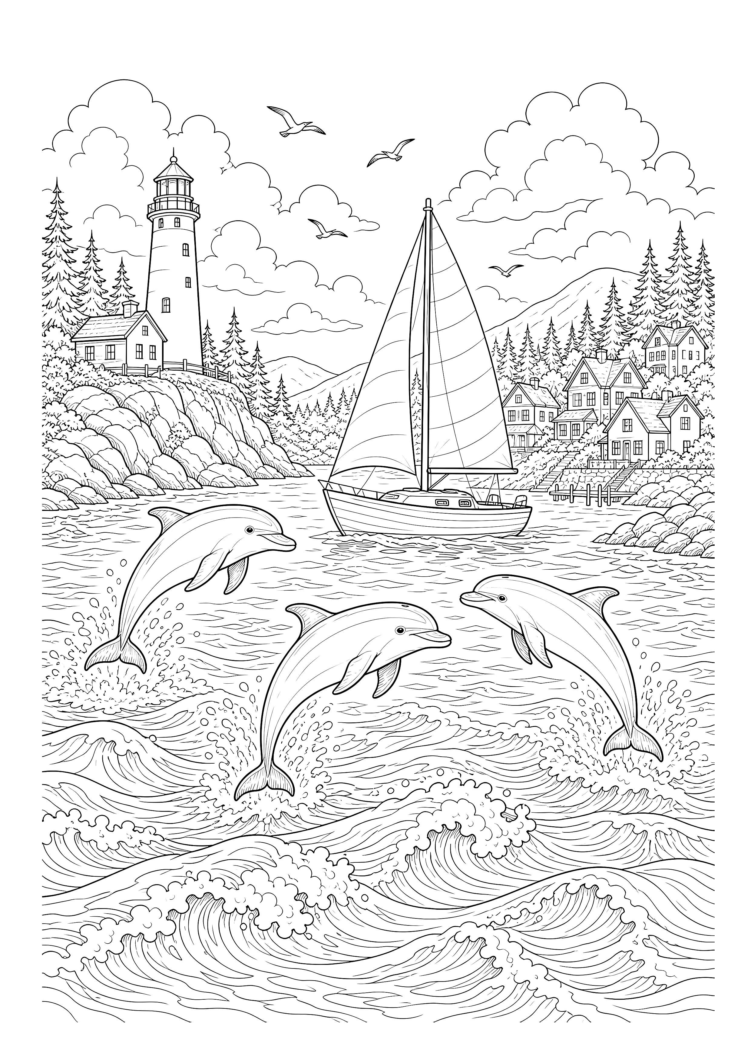 Delfine in der Leuchtturmbucht — Drei Delfine springen neben einem Segelboot in einer Bucht mit Leuchtturm.