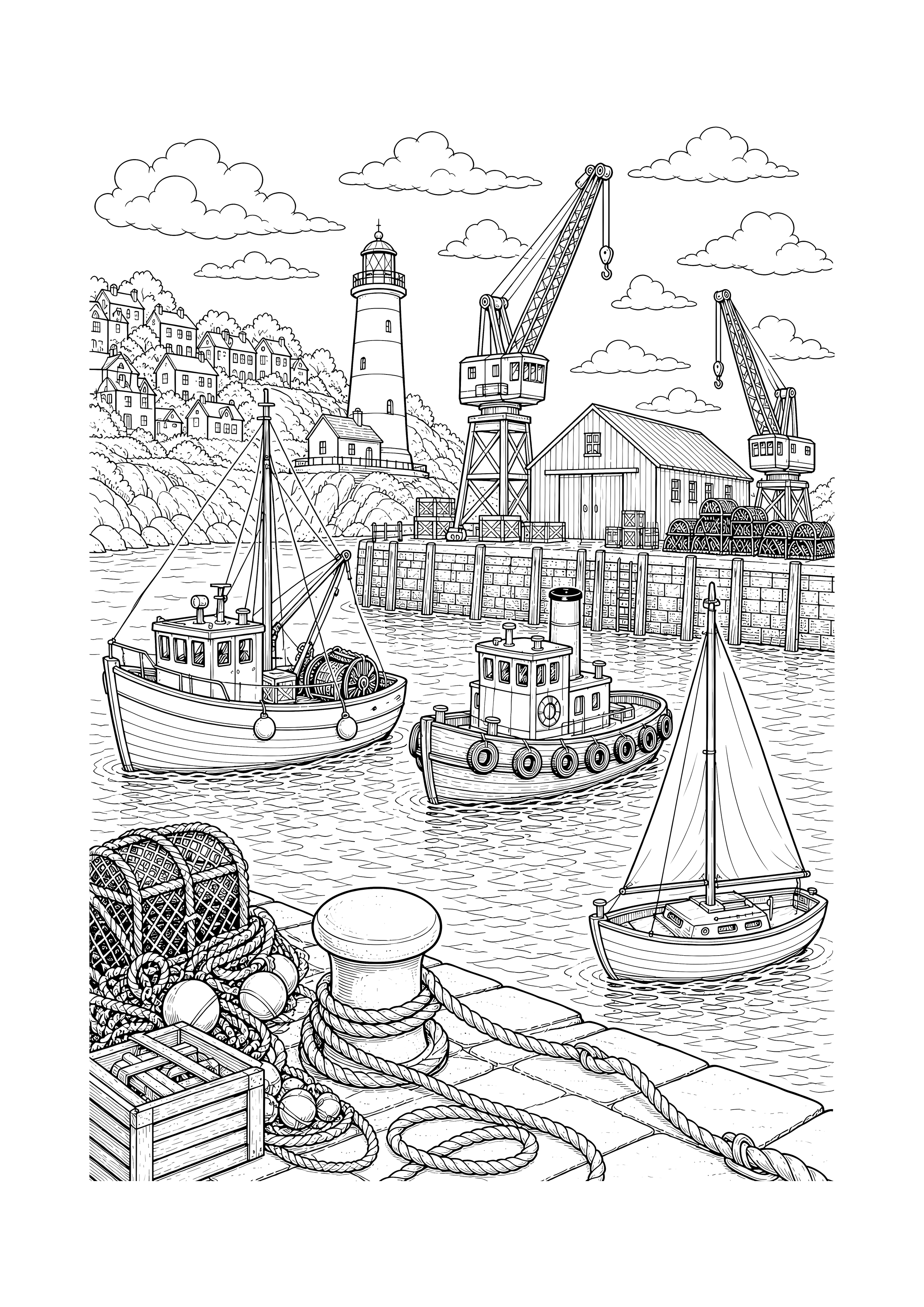 Arbeit im großen Hafen — Mehrere Schiffe, Kräne und ein Leuchtturm füllen einen geschäftigen Hafen.