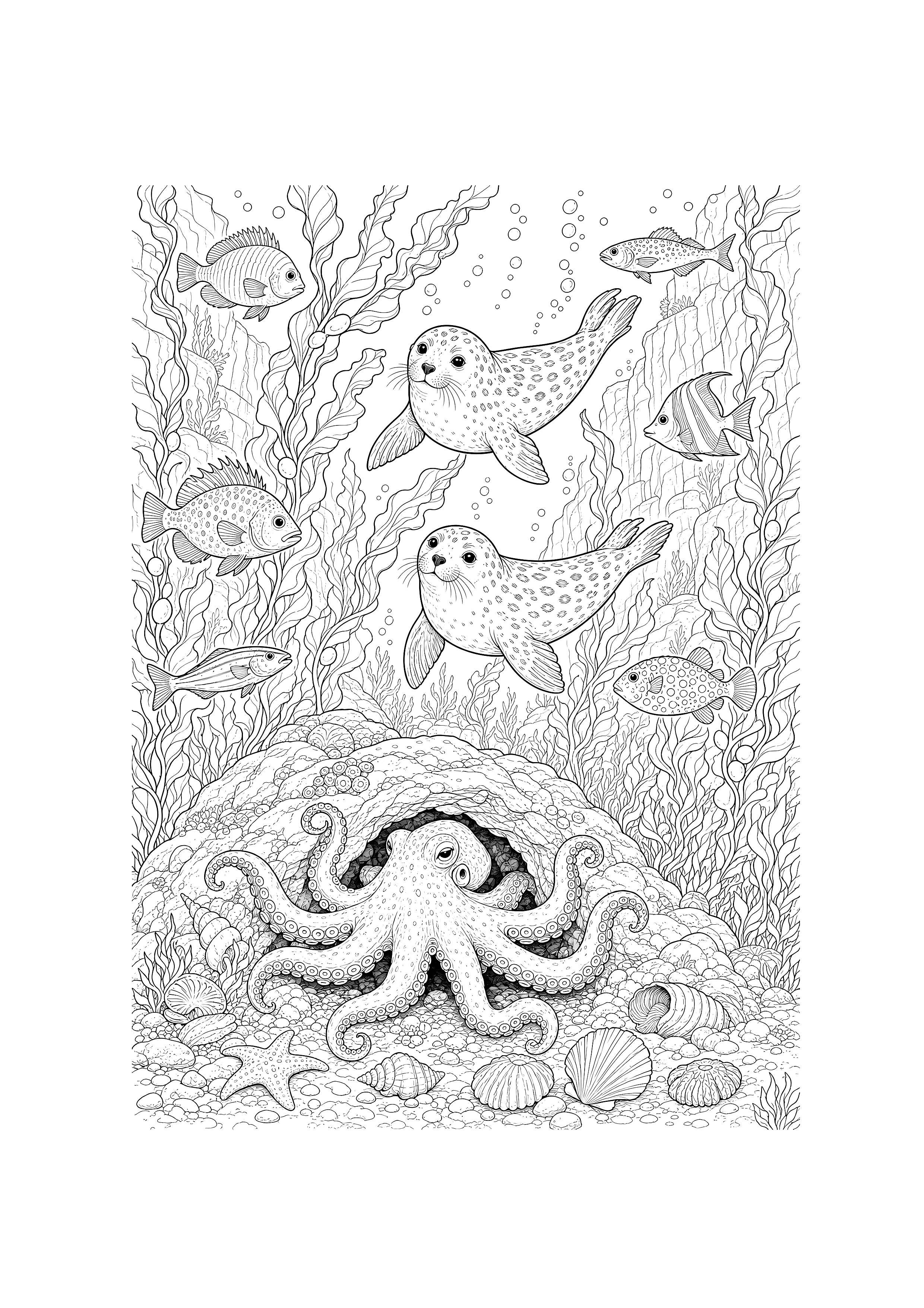 Robben im Tangwald — Zwei Robben schwimmen mit Oktopus und Fischen durch einen dichten Tangwald.