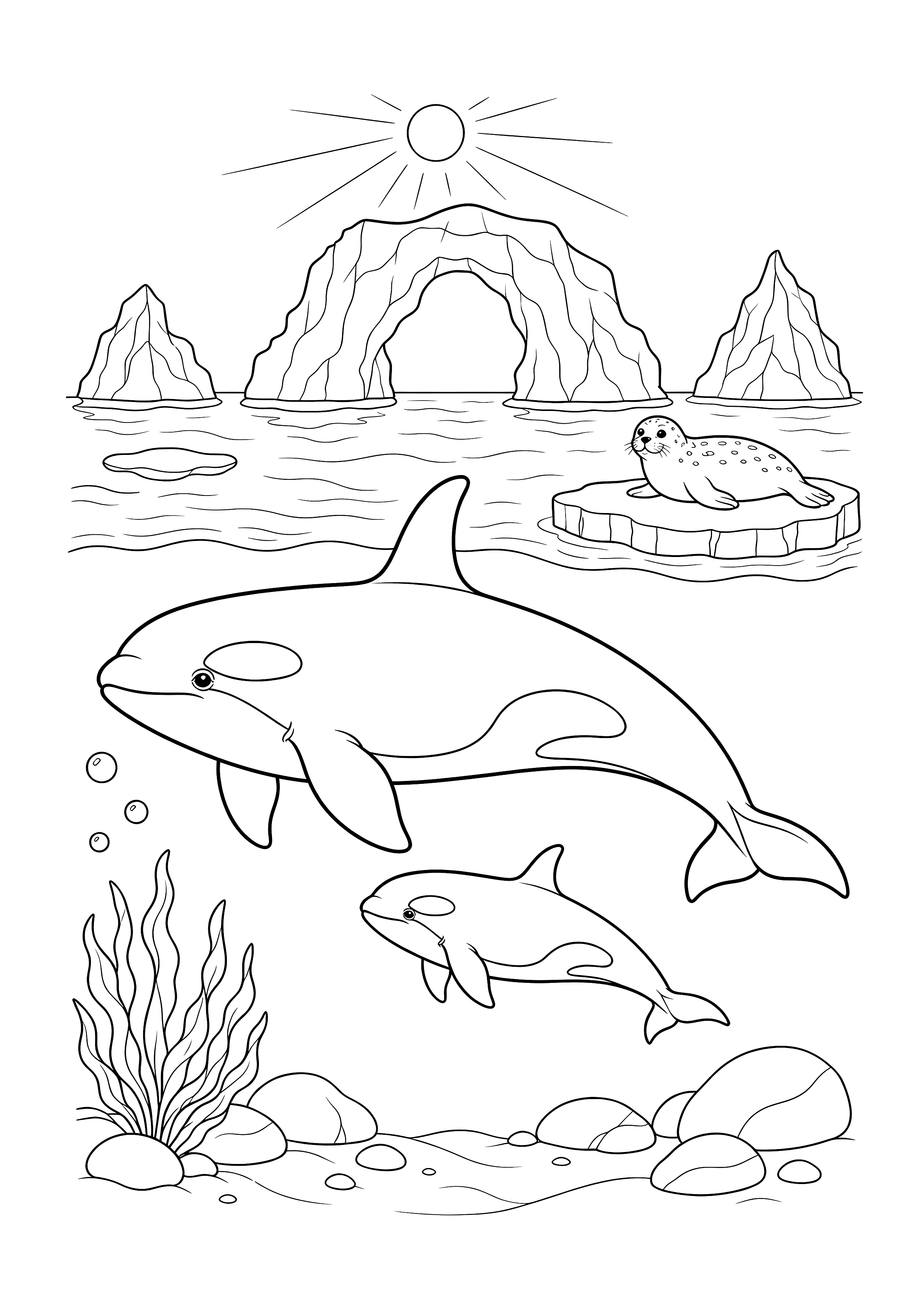 Orcafamilie am Eisbogentor — Ein Orca und sein Kalb schwimmen unter Robbe, Eisscholle und großem Felsbogen.