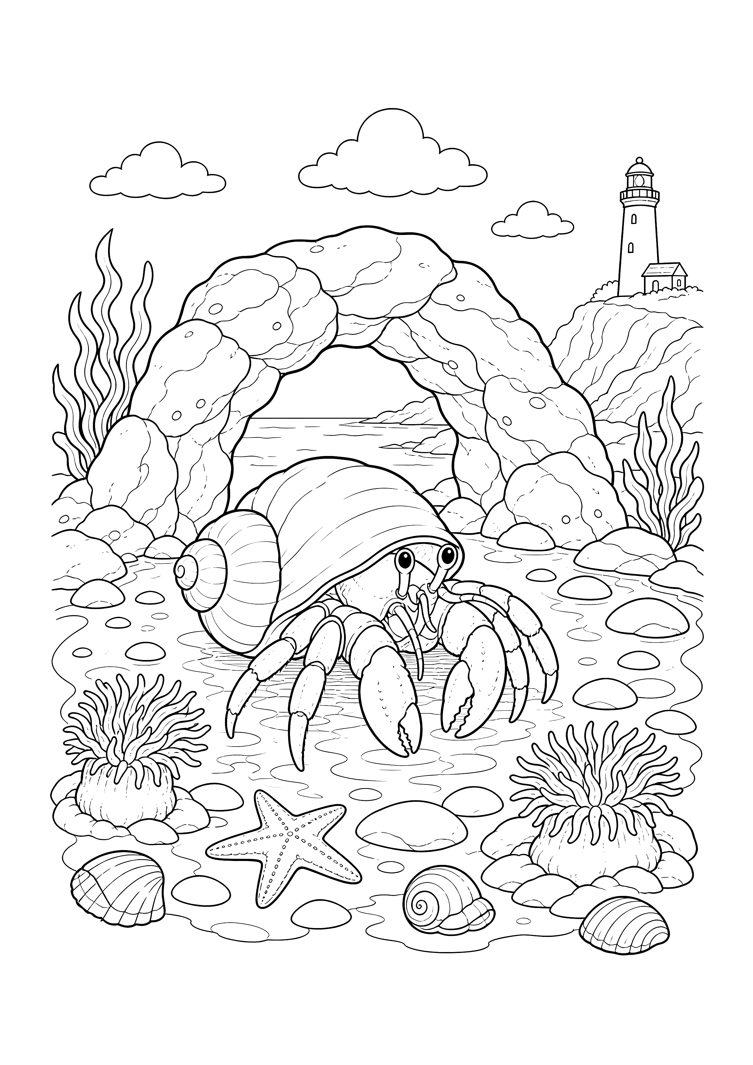 Einsiedlerkrebs am Felsbogen — Ein Einsiedlerkrebs erkundet zwischen Anemonen, Seestern und Muscheln einen Felsbogen am Leuchtturm.