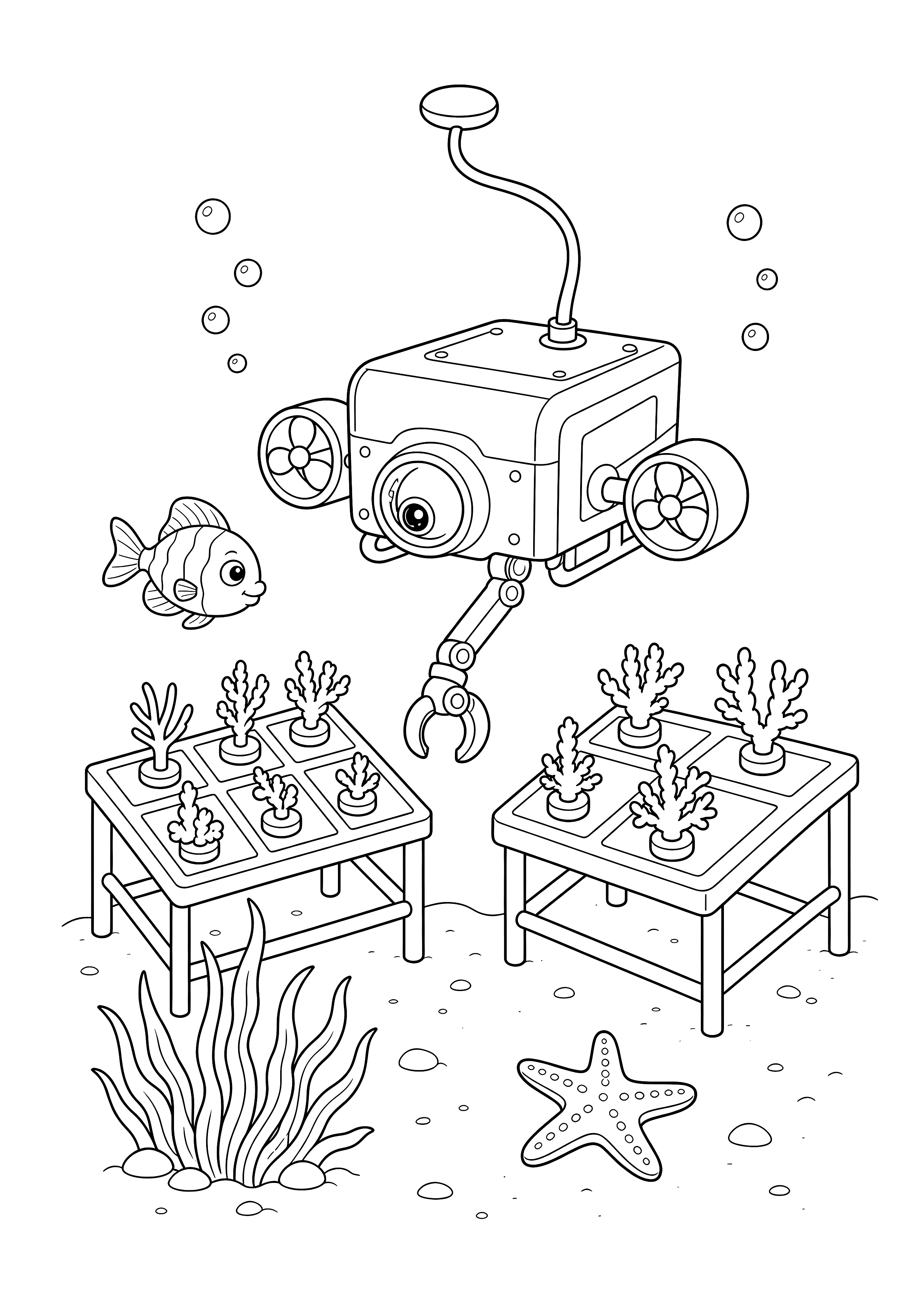 Forschungsroboter an der Korallenschule — Ein Unterwasserroboter untersucht mit Kamera und Greifarm zwei Tische voller junger Korallen.