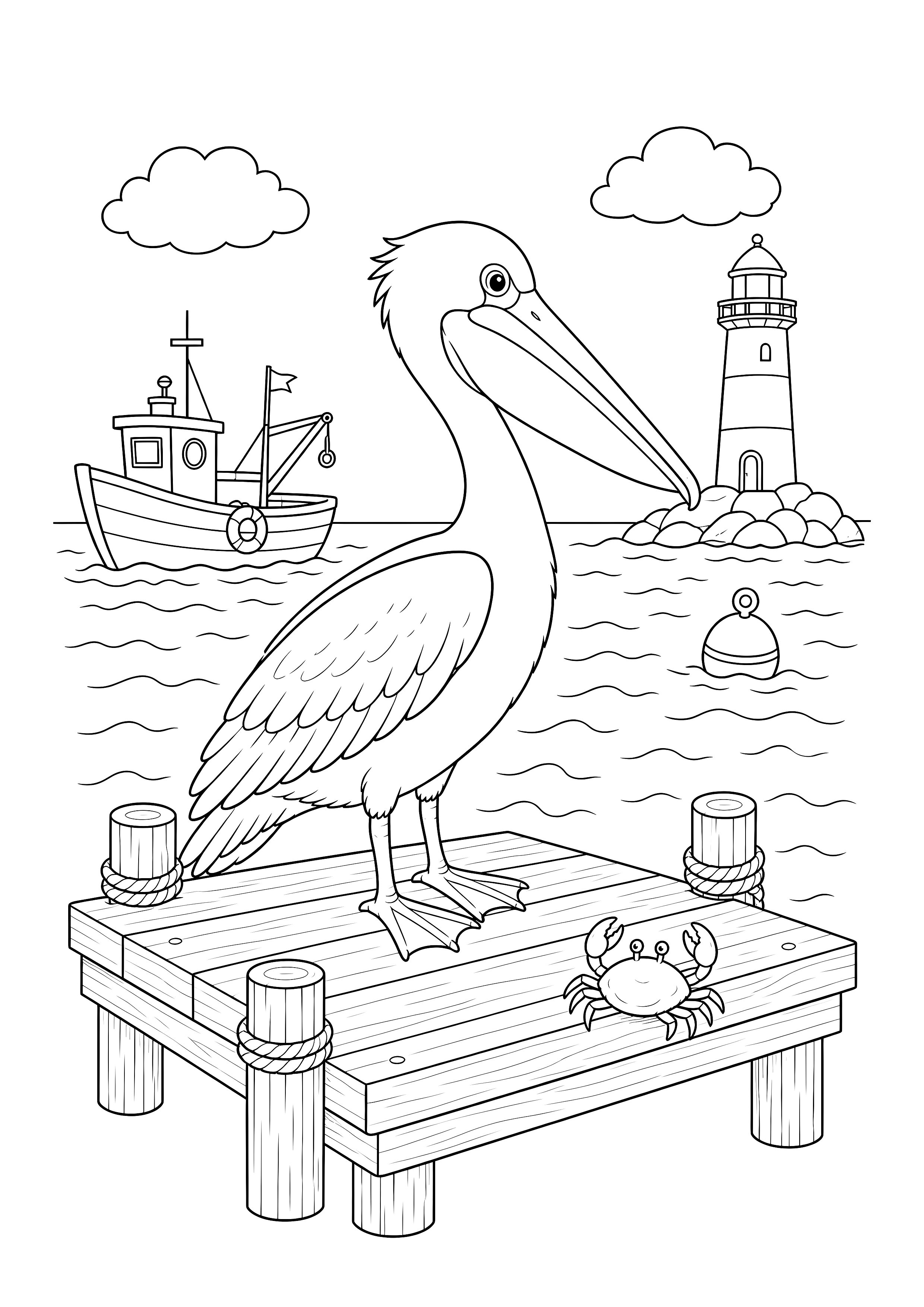 Pelikan auf dem Hafensteg — Ein Pelikan steht mit Krebs auf einem Steg vor Fischerboot, Boje und Leuchtturm.