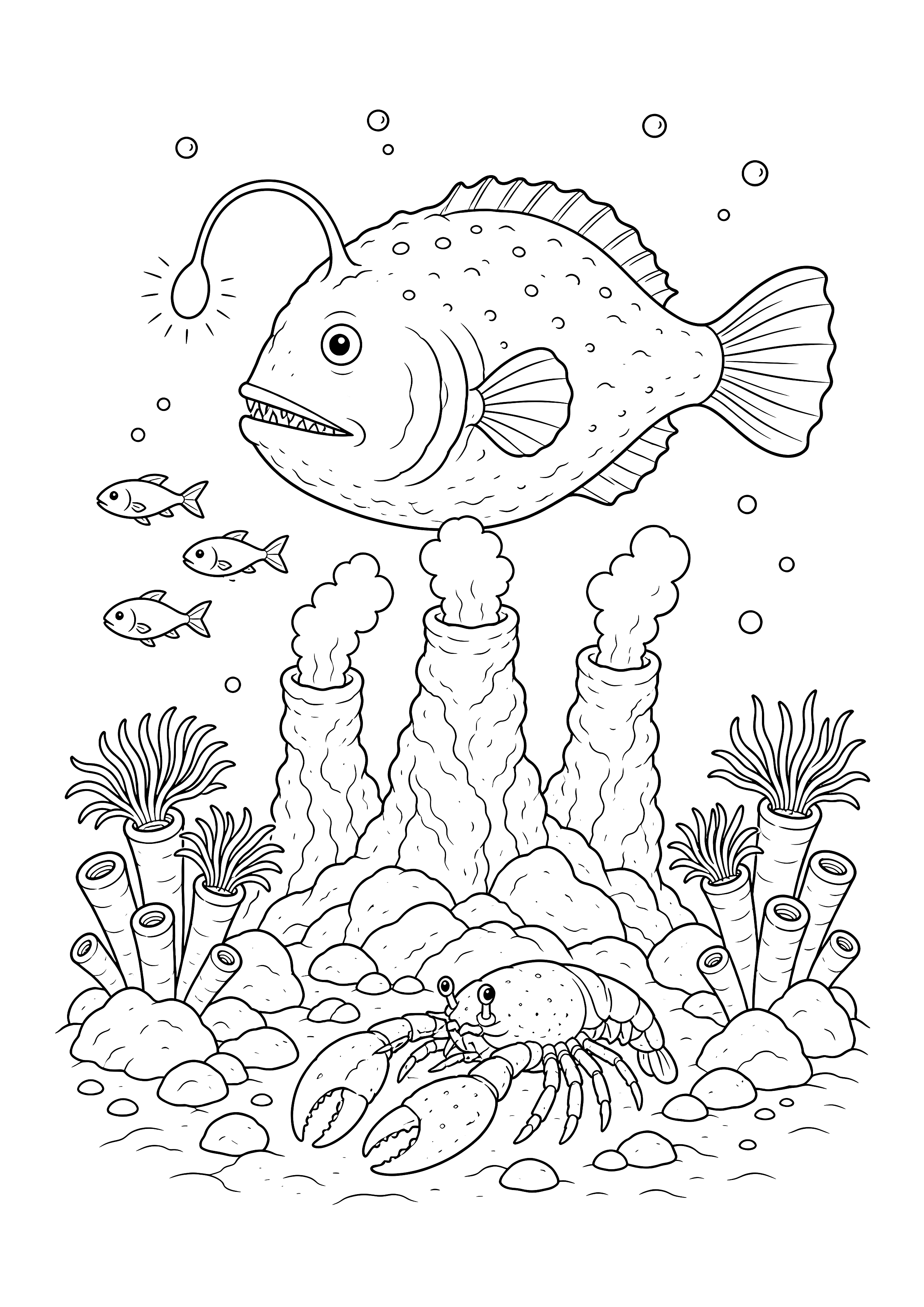 Anglerfisch an den Tiefseequellen — Ein Anglerfisch schwimmt über drei heißen Quellen mit Röhrenwürmern, Fischen und Hummer.