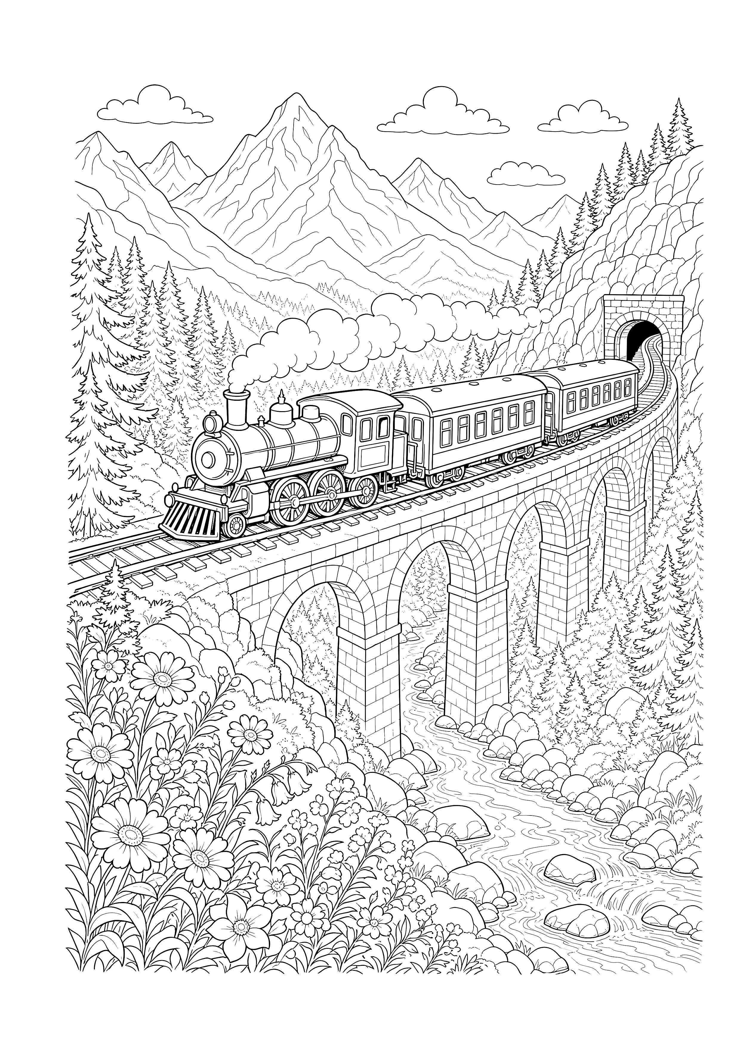 Dampflok auf dem Bergviadukt — Eine Dampflok mit Wagen fährt über ein Steinviadukt zwischen Bach, Blumen und Bergen.