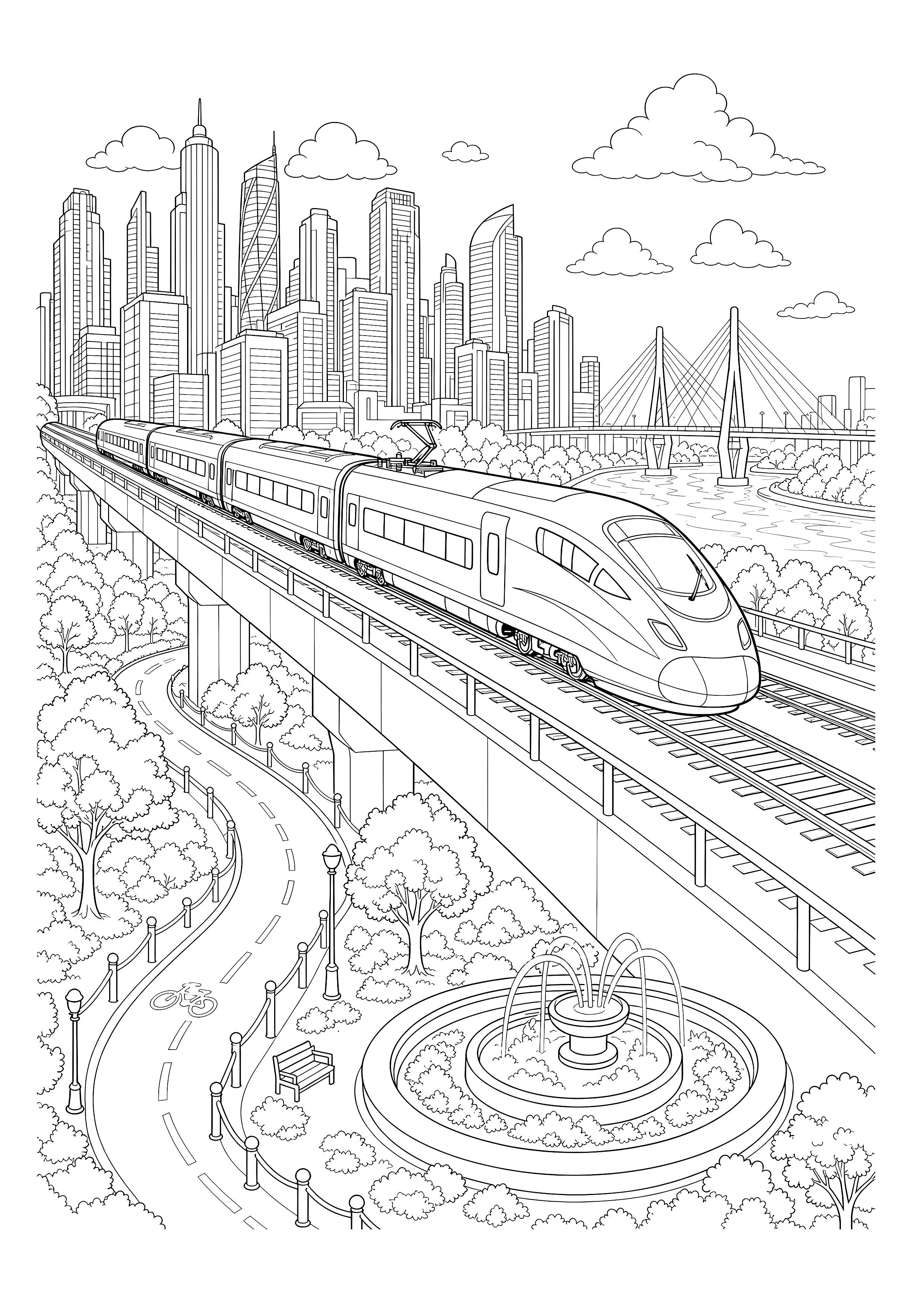 Schnellzug über der Stadt — Ein langer Schnellzug fährt auf einem zweigleisigen Viadukt über Park und Stadt.