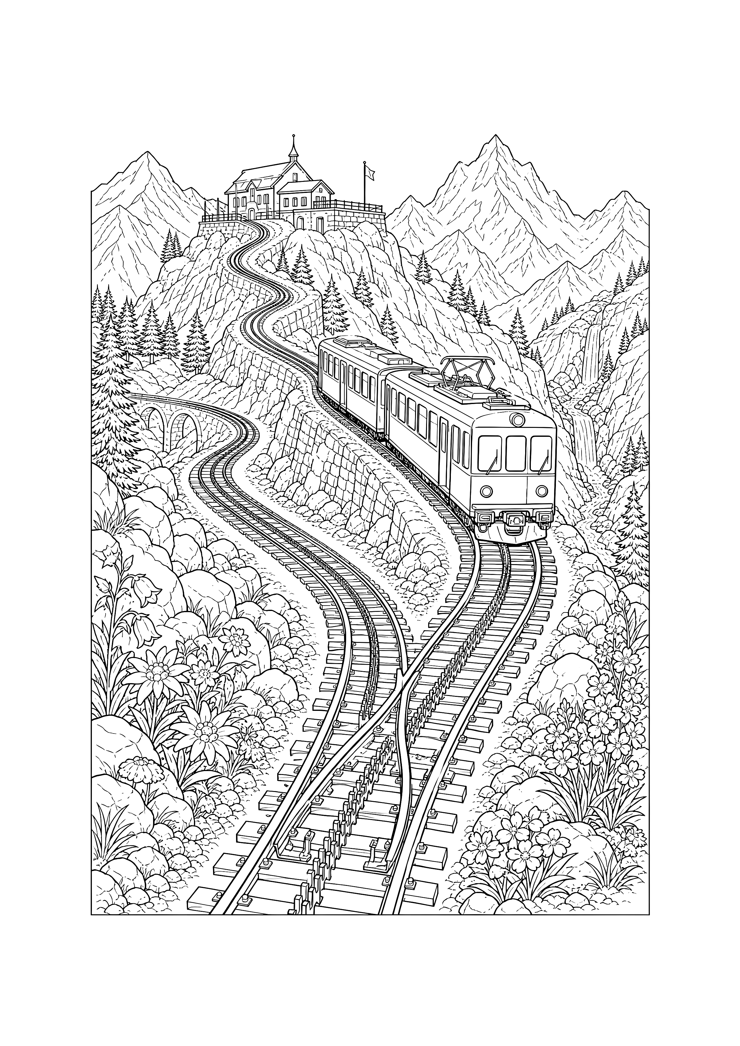Zahnradbahn an der Bergweiche — Eine zweiteilige Bergbahn folgt einer Zahnradstrecke durch Blumen und Felsen zur Gipfelstation.