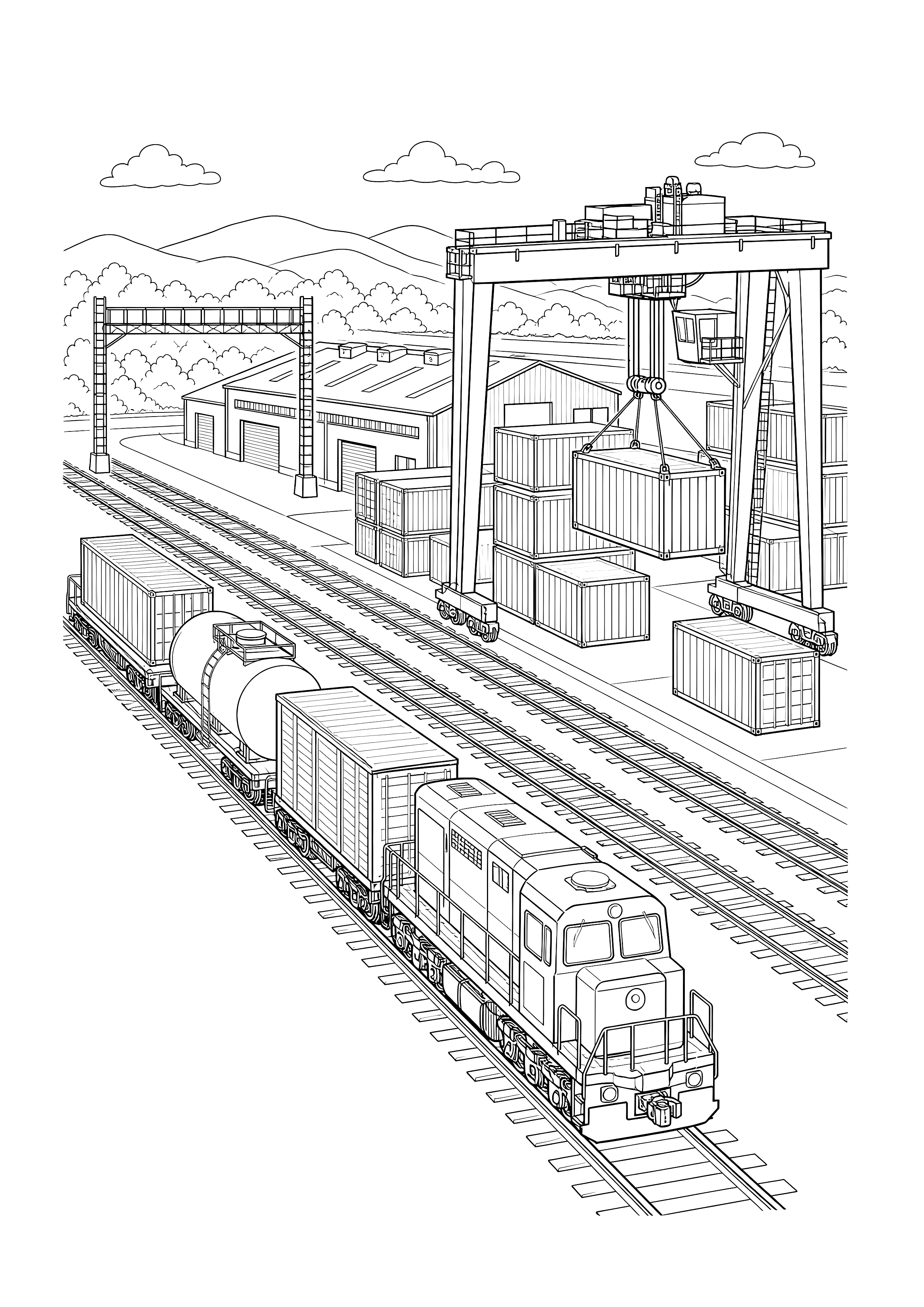 Arbeit im Güterbahnhof — Lok, verschiedene Güterwagen, Container und Portalkran füllen einen großen Rangierbahnhof.