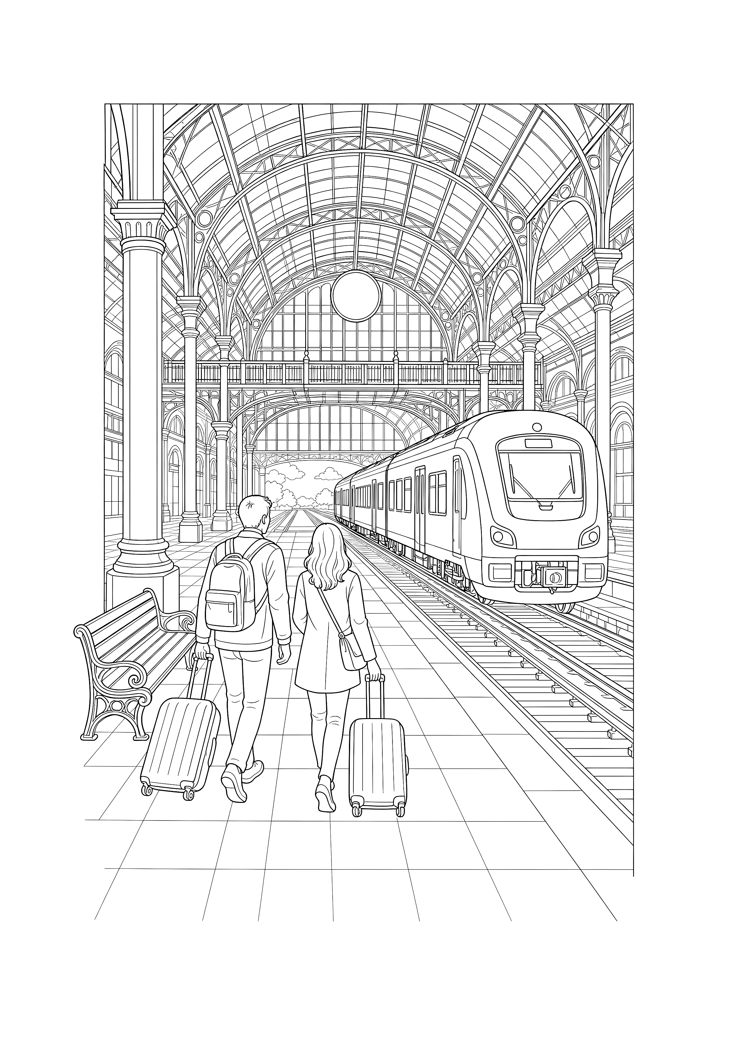 Reisebeginn in der großen Bahnhofshalle — Zwei Reisende gehen mit Koffern zu einem Zug unter einem großen Glasdach.